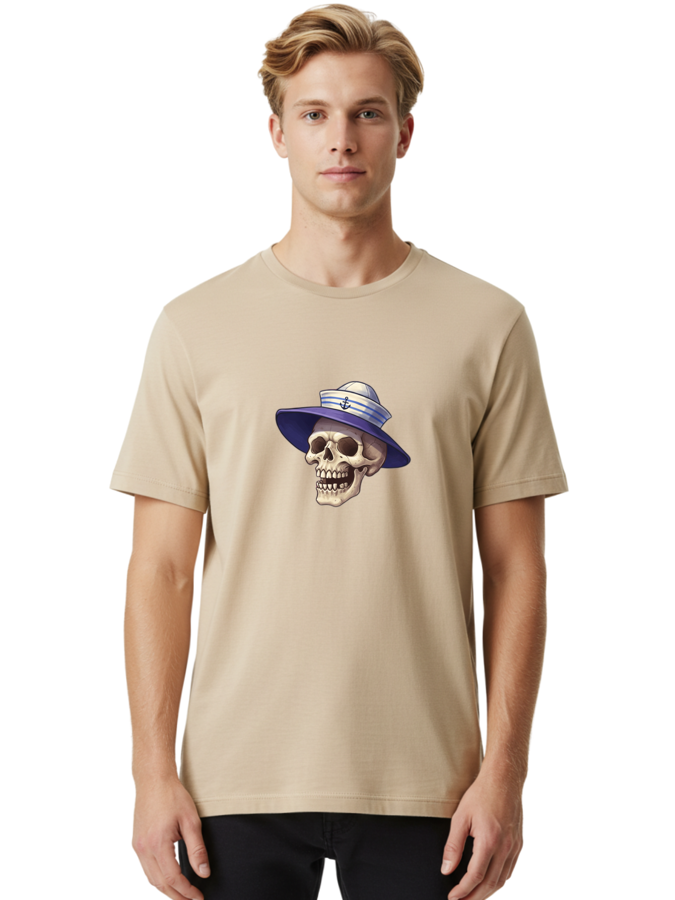 Skull-With-Sun-Hat Men'S Graphic Tee, 100% Cotton, Comfortable Casual Summer Wear, Machine Washable, Skull Wearing Sailor Hat, Anchor Emblem, Nautical Theme, Cartoon Style, Human Skull, Sailor Hat With Blue Stripes Bae282 28