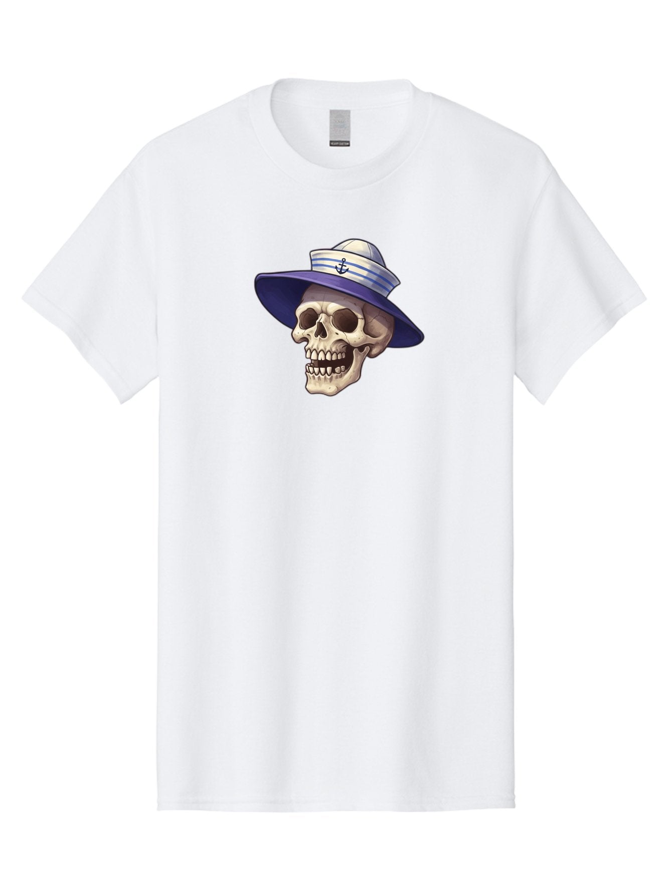 Skull-With-Sun-Hat Men'S Graphic Tee, 100% Cotton, Comfortable Casual Summer Wear, Machine Washable, Skull Wearing Sailor Hat, Anchor Emblem, Nautical Theme, Cartoon Style, Human Skull, Sailor Hat With Blue Stripes Bae282 8
