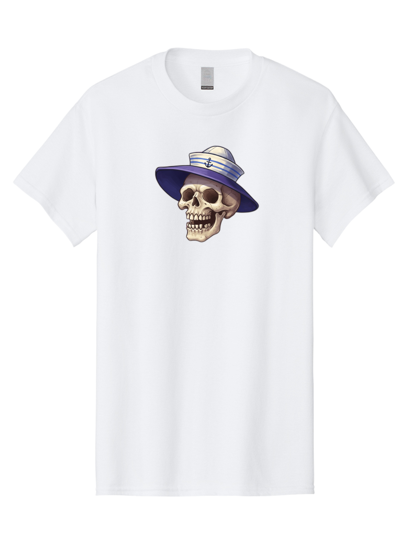 Skull-With-Sun-Hat Men'S Graphic Tee, 100% Cotton, Comfortable Casual Summer Wear, Machine Washable, Skull Wearing Sailor Hat, Anchor Emblem, Nautical Theme, Cartoon Style, Human Skull, Sailor Hat With Blue Stripes Bae282 6