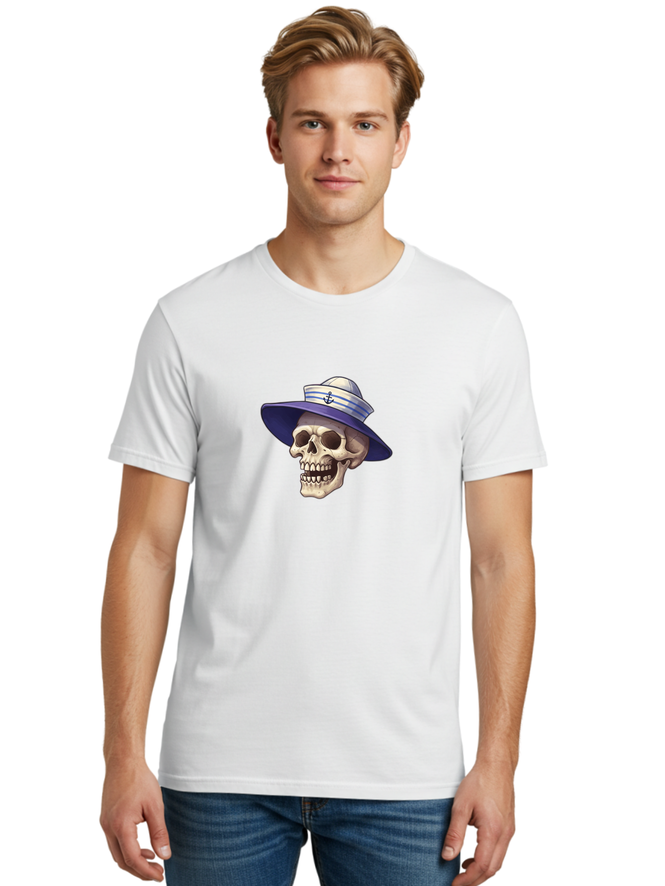 Skull-With-Sun-Hat Men'S Graphic Tee, 100% Cotton, Comfortable Casual Summer Wear, Machine Washable, Skull Wearing Sailor Hat, Anchor Emblem, Nautical Theme, Cartoon Style, Human Skull, Sailor Hat With Blue Stripes Bae282 21