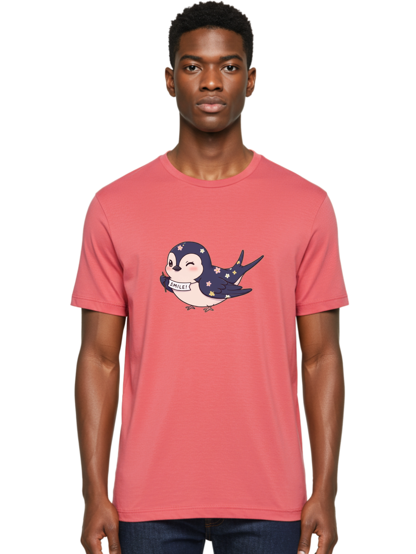 Smile-Bird Men'S Graphic Tee, 100% Cotton, Comfortable Casual Summer Wear, Machine Washable, Cute Cartoon Bird, Smiling Bird, Floral Pattern, Happy Vibes, Positivity, Cartoon Character, Kawaii Art, Adorable Illustration, Cheerful Design, Bae283 25