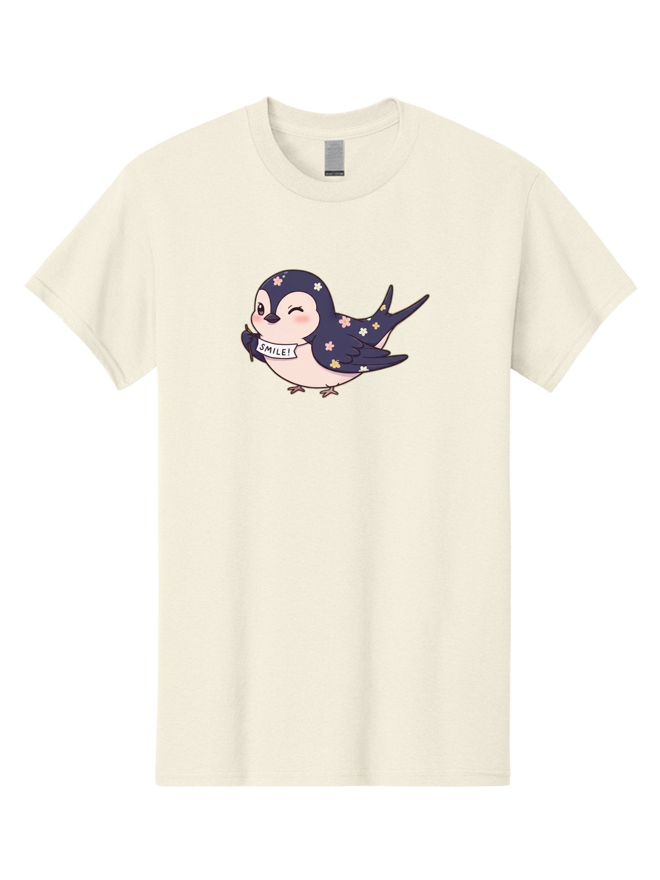 Smile-Bird Men'S Graphic Tee, 100% Cotton, Comfortable Casual Summer Wear, Machine Washable, Cute Cartoon Bird, Smiling Bird, Floral Pattern, Happy Vibes, Positivity, Cartoon Character, Kawaii Art, Adorable Illustration, Cheerful Design, Bae283 3