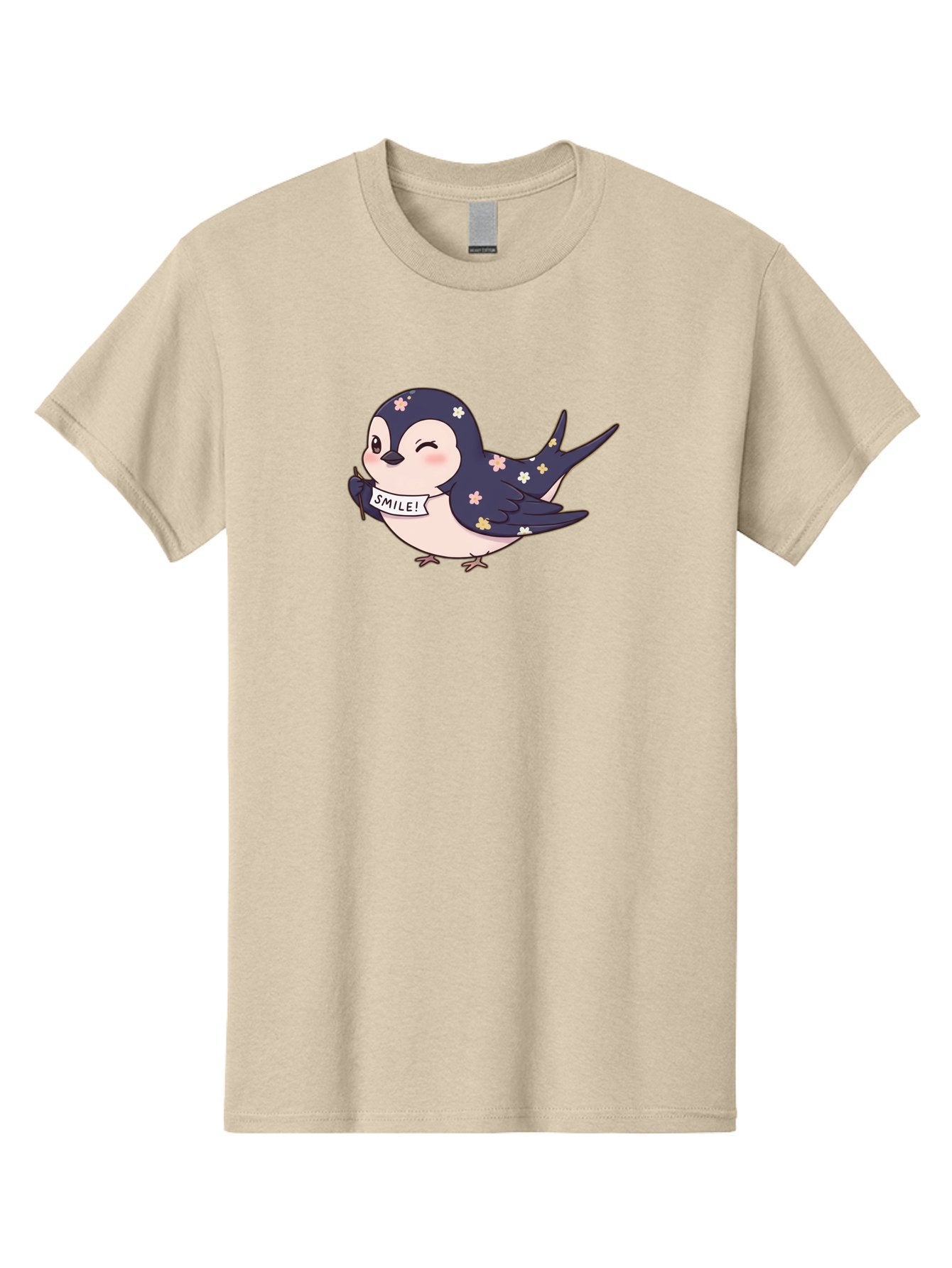 Smile-Bird Men'S Graphic Tee, 100% Cotton, Comfortable Casual Summer Wear, Machine Washable, Cute Cartoon Bird, Smiling Bird, Floral Pattern, Happy Vibes, Positivity, Cartoon Character, Kawaii Art, Adorable Illustration, Cheerful Design, Bae283 13