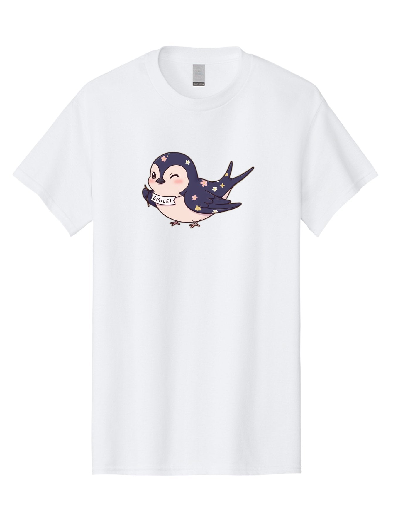 Smile-Bird Men'S Graphic Tee, 100% Cotton, Comfortable Casual Summer Wear, Machine Washable, Cute Cartoon Bird, Smiling Bird, Floral Pattern, Happy Vibes, Positivity, Cartoon Character, Kawaii Art, Adorable Illustration, Cheerful Design, Bae283