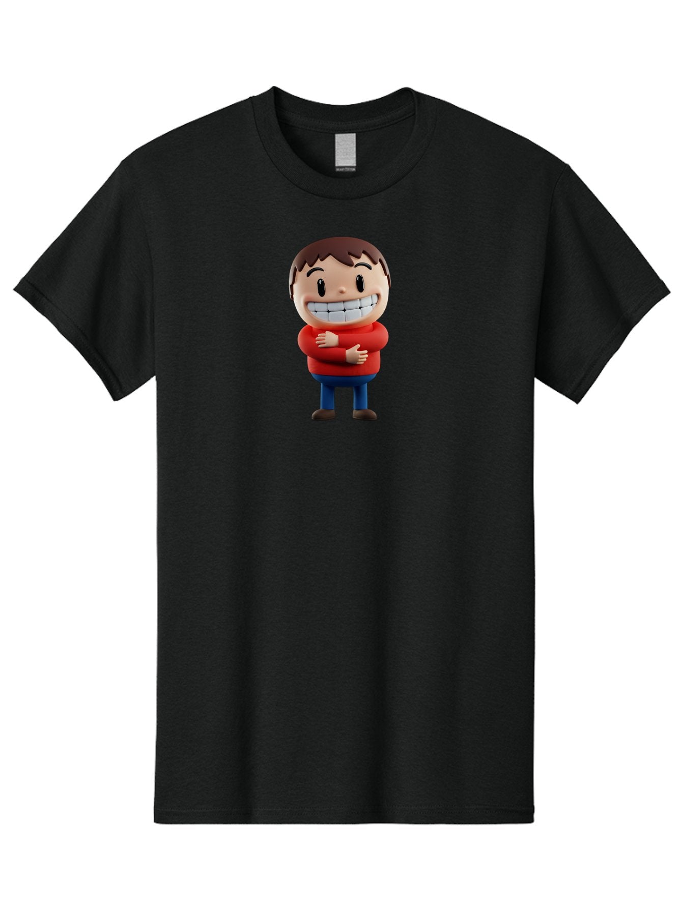 Smiling-Cartoon-Boy Men'S Graphic Tee, 100% Cotton, Comfortable Casual Summer Wear, Machine Washable, Happy Cartoon Character, Smiling Boy, Red Shirt, Blue Jeans, Brown Shoes, Charming Personality, Friendly Gesture, 3D Illustration, Bae285 11
