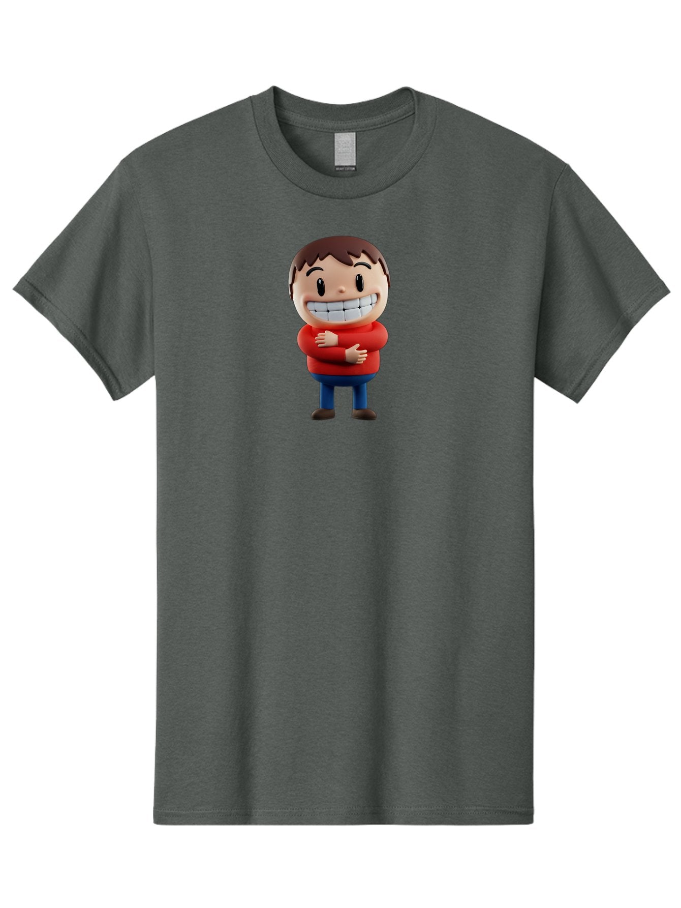 Smiling-Cartoon-Boy Men'S Graphic Tee, 100% Cotton, Comfortable Casual Summer Wear, Machine Washable, Happy Cartoon Character, Smiling Boy, Red Shirt, Blue Jeans, Brown Shoes, Charming Personality, Friendly Gesture, 3D Illustration, Bae285 15