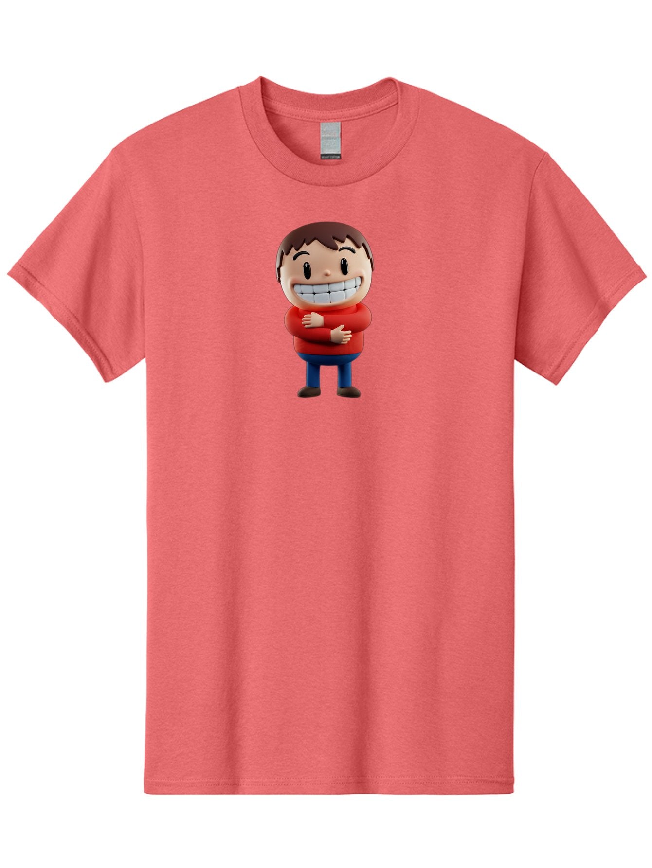 Smiling-Cartoon-Boy Men'S Graphic Tee, 100% Cotton, Comfortable Casual Summer Wear, Machine Washable, Happy Cartoon Character, Smiling Boy, Red Shirt, Blue Jeans, Brown Shoes, Charming Personality, Friendly Gesture, 3D Illustration, Bae285 9