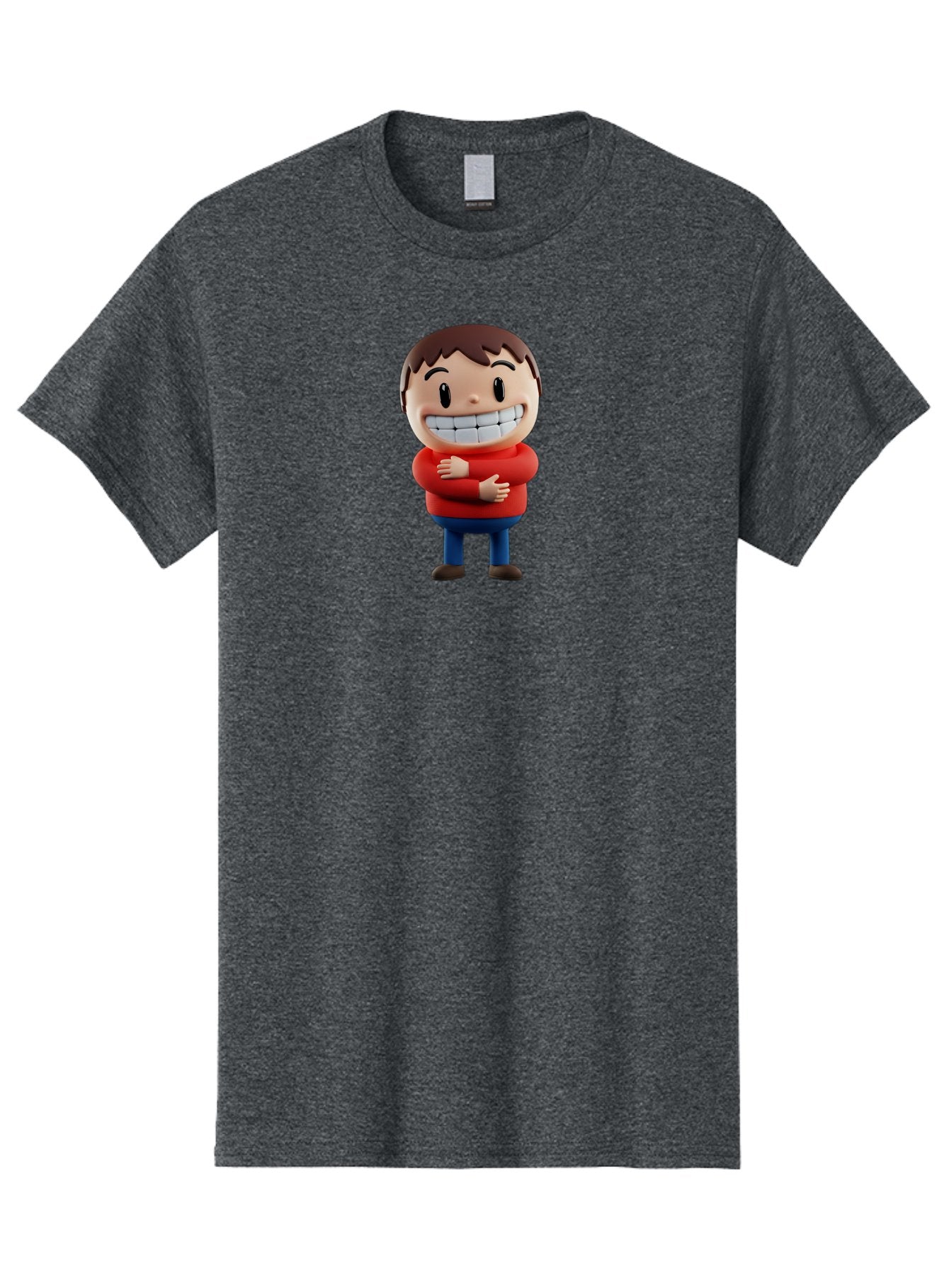 Smiling-Cartoon-Boy Men'S Graphic Tee, 100% Cotton, Comfortable Casual Summer Wear, Machine Washable, Happy Cartoon Character, Smiling Boy, Red Shirt, Blue Jeans, Brown Shoes, Charming Personality, Friendly Gesture, 3D Illustration, Bae285 12