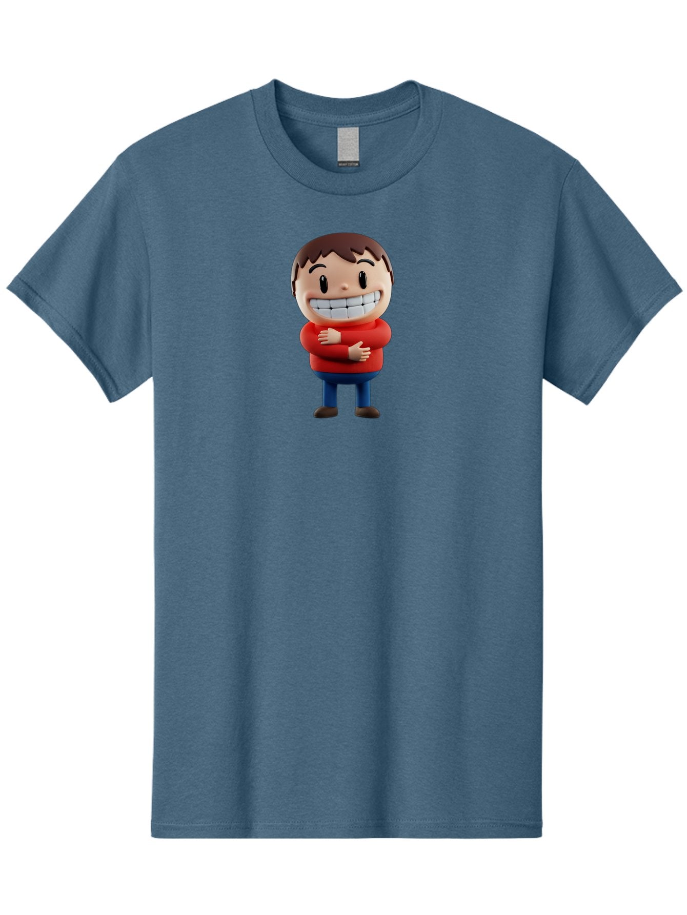 Smiling-Cartoon-Boy Men'S Graphic Tee, 100% Cotton, Comfortable Casual Summer Wear, Machine Washable, Happy Cartoon Character, Smiling Boy, Red Shirt, Blue Jeans, Brown Shoes, Charming Personality, Friendly Gesture, 3D Illustration, Bae285 10