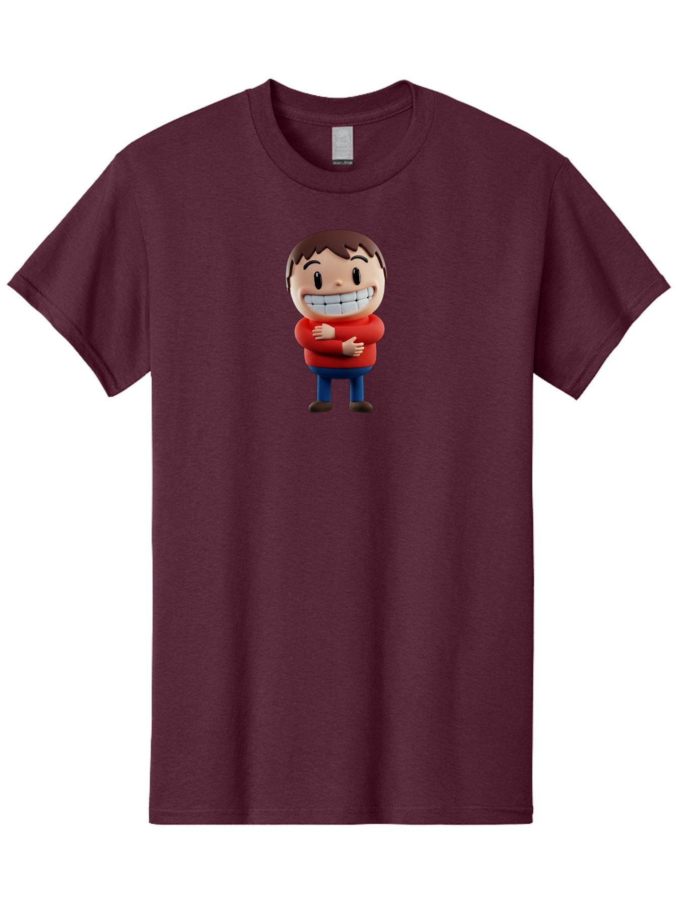 Smiling-Cartoon-Boy Men'S Graphic Tee, 100% Cotton, Comfortable Casual Summer Wear, Machine Washable, Happy Cartoon Character, Smiling Boy, Red Shirt, Blue Jeans, Brown Shoes, Charming Personality, Friendly Gesture, 3D Illustration, Bae285 14