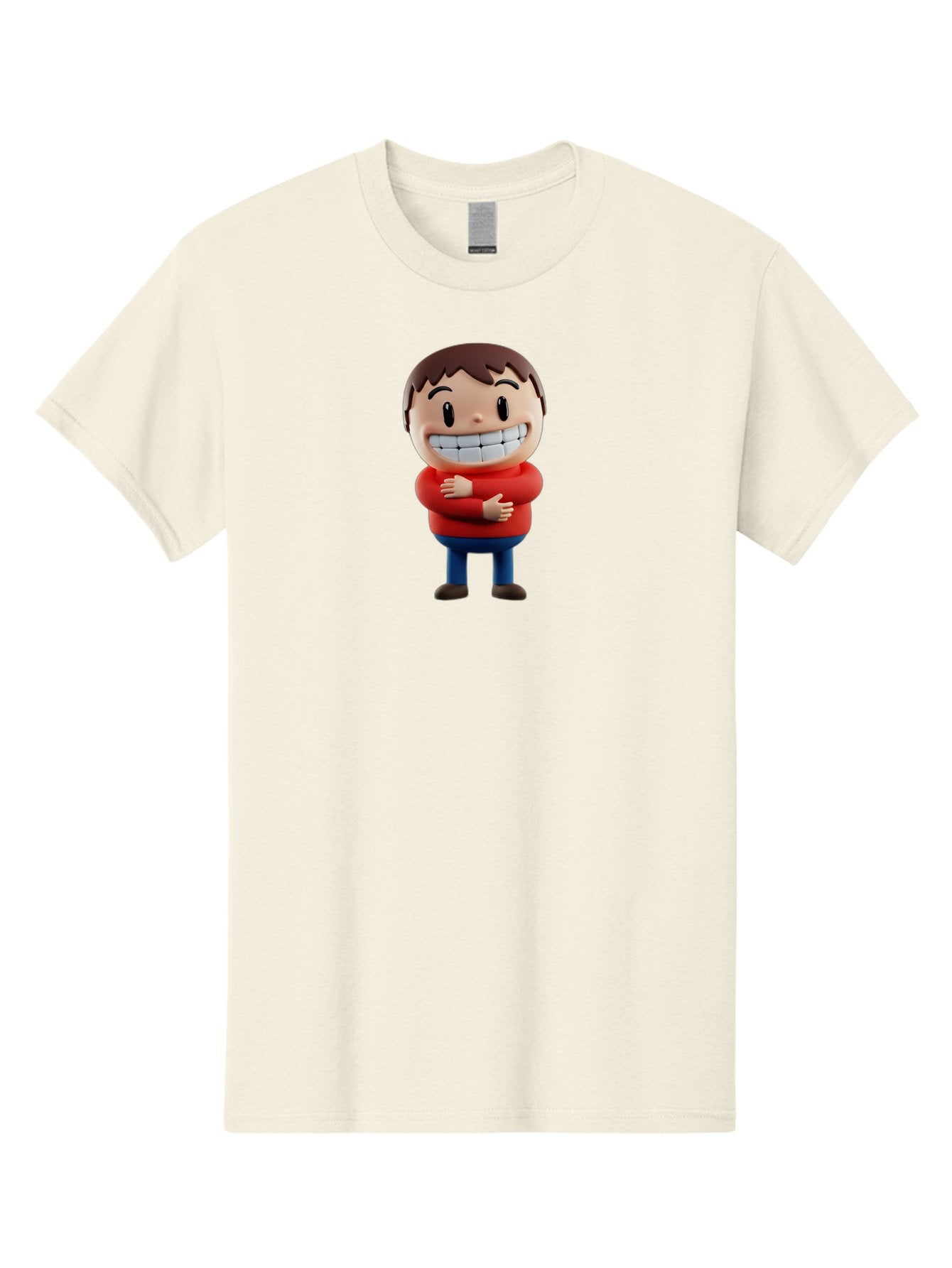 Smiling-Cartoon-Boy Men'S Graphic Tee, 100% Cotton, Comfortable Casual Summer Wear, Machine Washable, Happy Cartoon Character, Smiling Boy, Red Shirt, Blue Jeans, Brown Shoes, Charming Personality, Friendly Gesture, 3D Illustration, Bae285 8