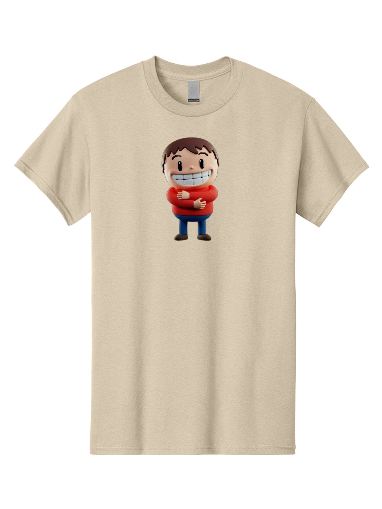 Smiling-Cartoon-Boy Men'S Graphic Tee, 100% Cotton, Comfortable Casual Summer Wear, Machine Washable, Happy Cartoon Character, Smiling Boy, Red Shirt, Blue Jeans, Brown Shoes, Charming Personality, Friendly Gesture, 3D Illustration, Bae285