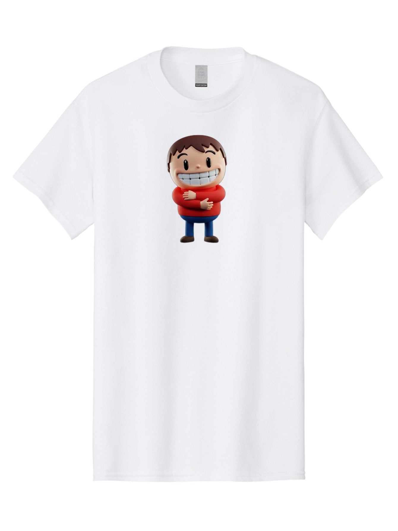 Smiling-Cartoon-Boy Men'S Graphic Tee, 100% Cotton, Comfortable Casual Summer Wear, Machine Washable, Happy Cartoon Character, Smiling Boy, Red Shirt, Blue Jeans, Brown Shoes, Charming Personality, Friendly Gesture, 3D Illustration, Bae285