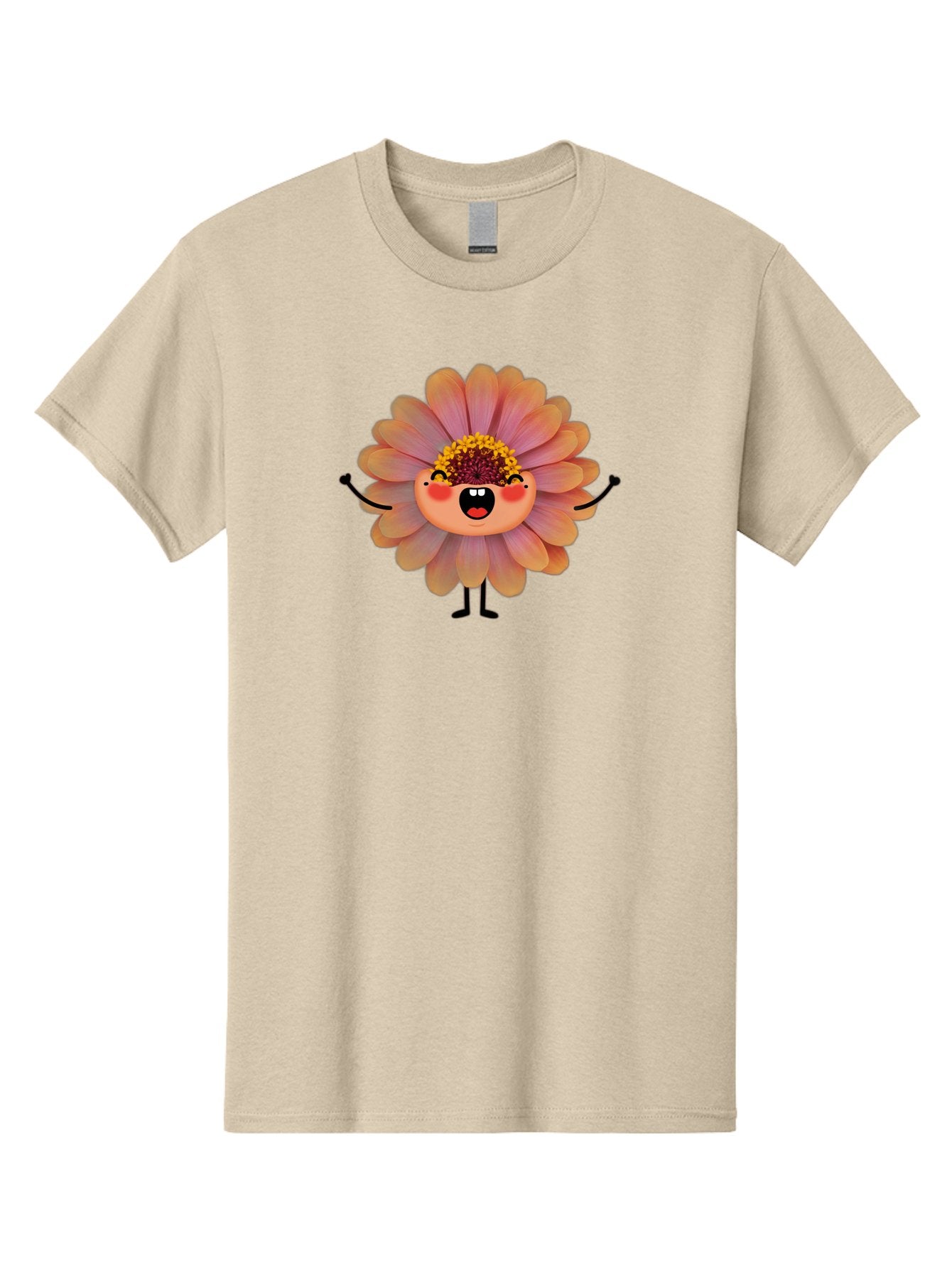 Smiling-Flower-Character Men'S Graphic Tee, 100% Cotton, Comfortable Casual Summer Wear, Machine Washable, Cartoon Flower, Anthropomorphic Flower, Smiling Face, Happy Expression, Colorful Petals, Pink And Green Hues, Whimsical Character, Bae286