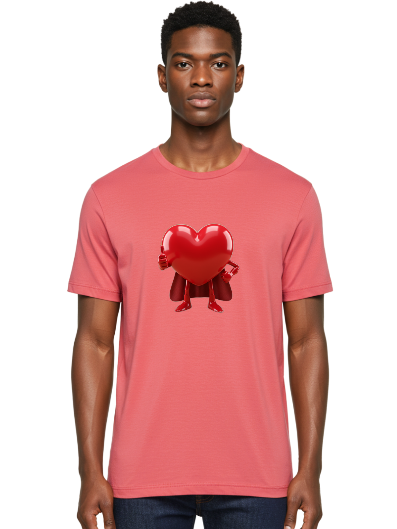 Super-Heart Men'S Graphic Tee, 100% Cotton, Comfortable Casual Summer Wear, Machine Washable, Heart Superhero, Red Heart Character, Thumbs Up Approval, Cape, Confidence, Positive Vibes, Cartoon Style, 3D Illustration, Love Symbol, Hero Pose Bae288 16