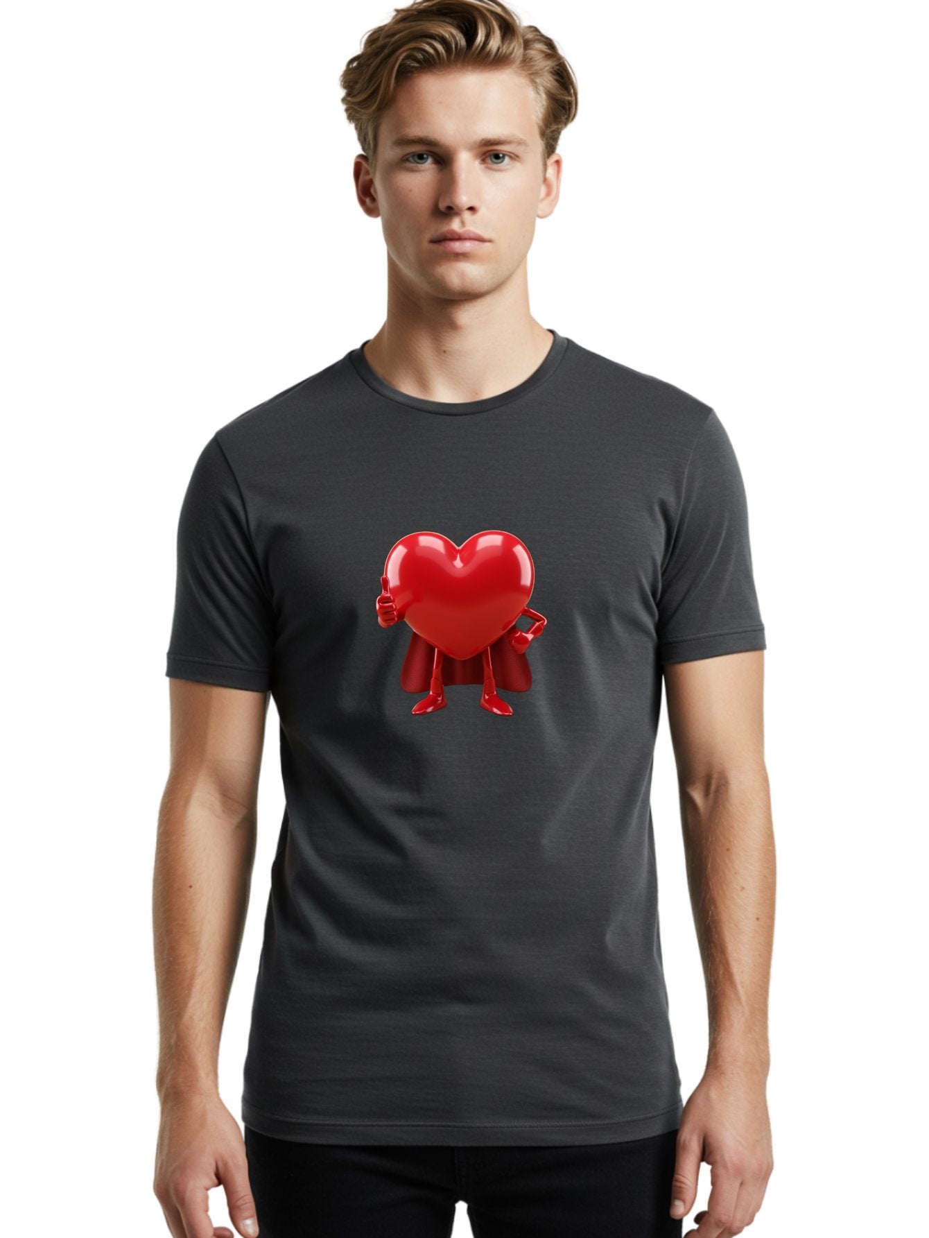 Super-Heart Men'S Graphic Tee, 100% Cotton, Comfortable Casual Summer Wear, Machine Washable, Heart Superhero, Red Heart Character, Thumbs Up Approval, Cape, Confidence, Positive Vibes, Cartoon Style, 3D Illustration, Love Symbol, Hero Pose Bae288 22