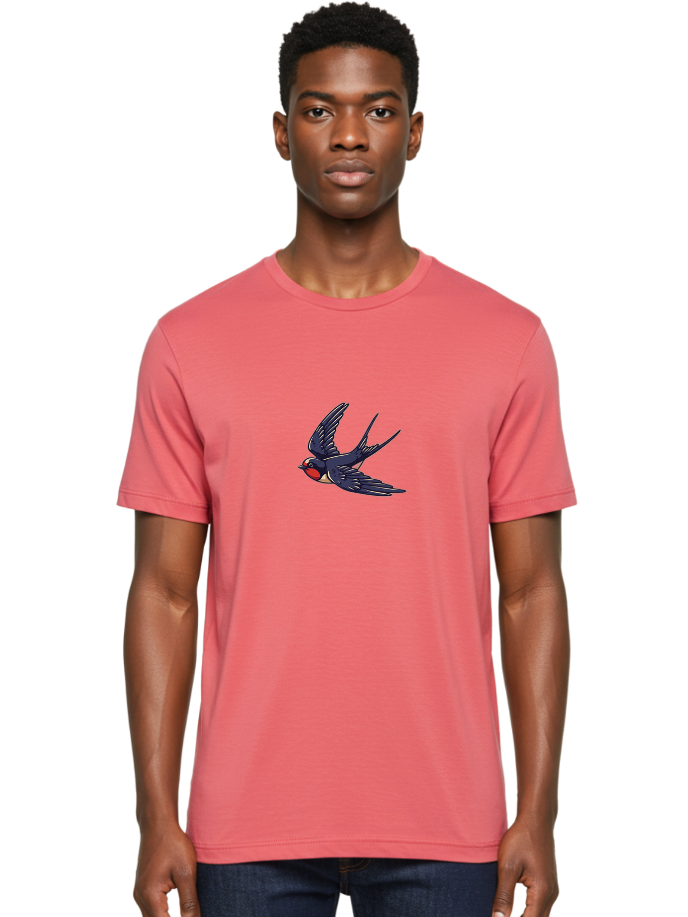 Swallow-1 Men'S Graphic Tee, 100% Cotton, Comfortable Casual Summer Wear, Machine Washable, Swallow Bird In Flight, Dark Blue Wings, Red Face, White Belly, Bird Illustration, Cartoon Style, Wildlife Art, Flying Bird, Stylized Portrait Bae289 20