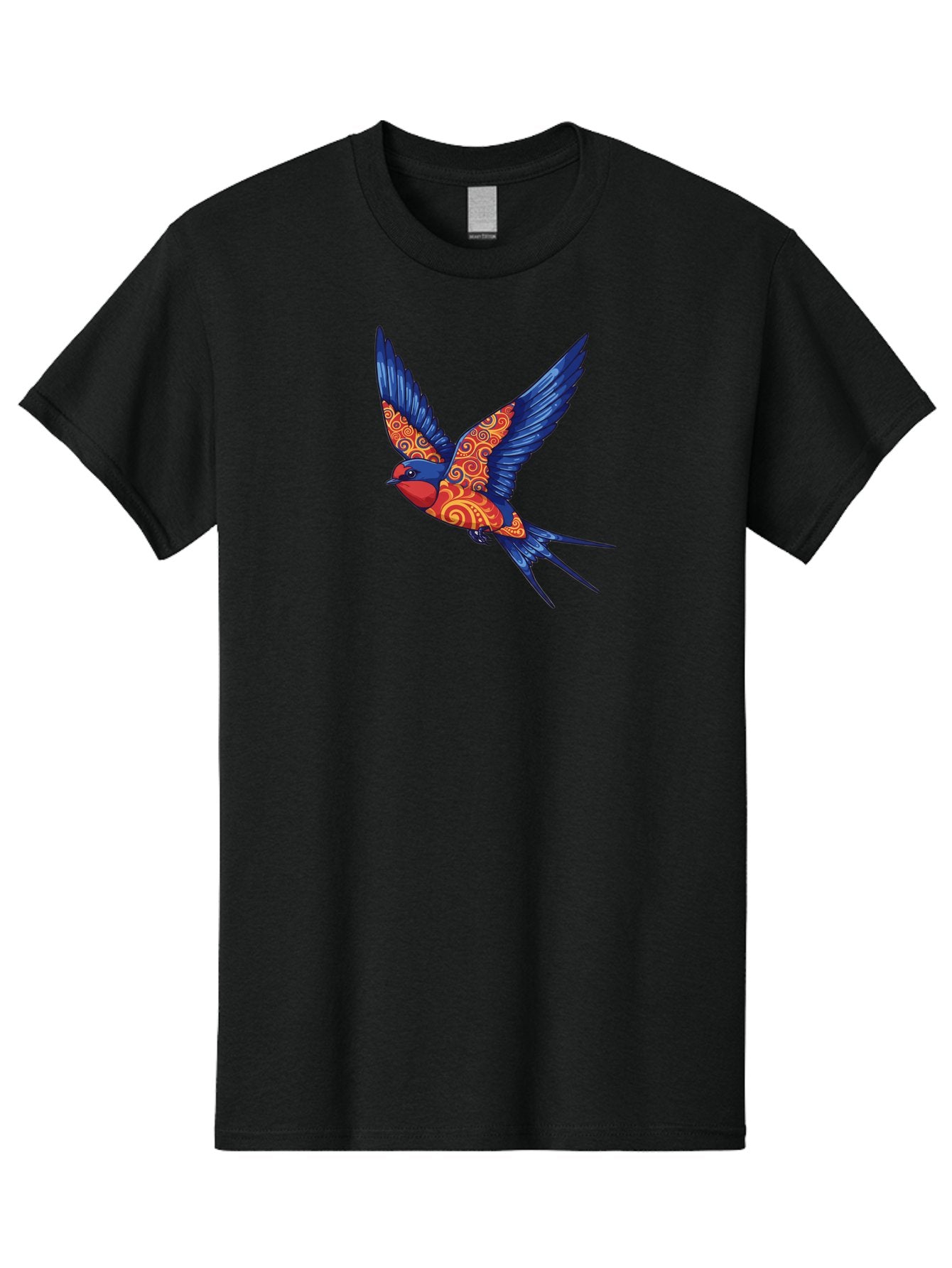 Swallow-2 Men'S Graphic Tee, 100% Cotton, Comfortable Casual Summer Wear, Machine Washable, Swallow Bird, Vibrant Bird Design, Red And Blue Bird, Ornate Patterns, Swirling Motifs, Bird In Flight, Colorful Artwork, Folk Art Style, Bae290 13