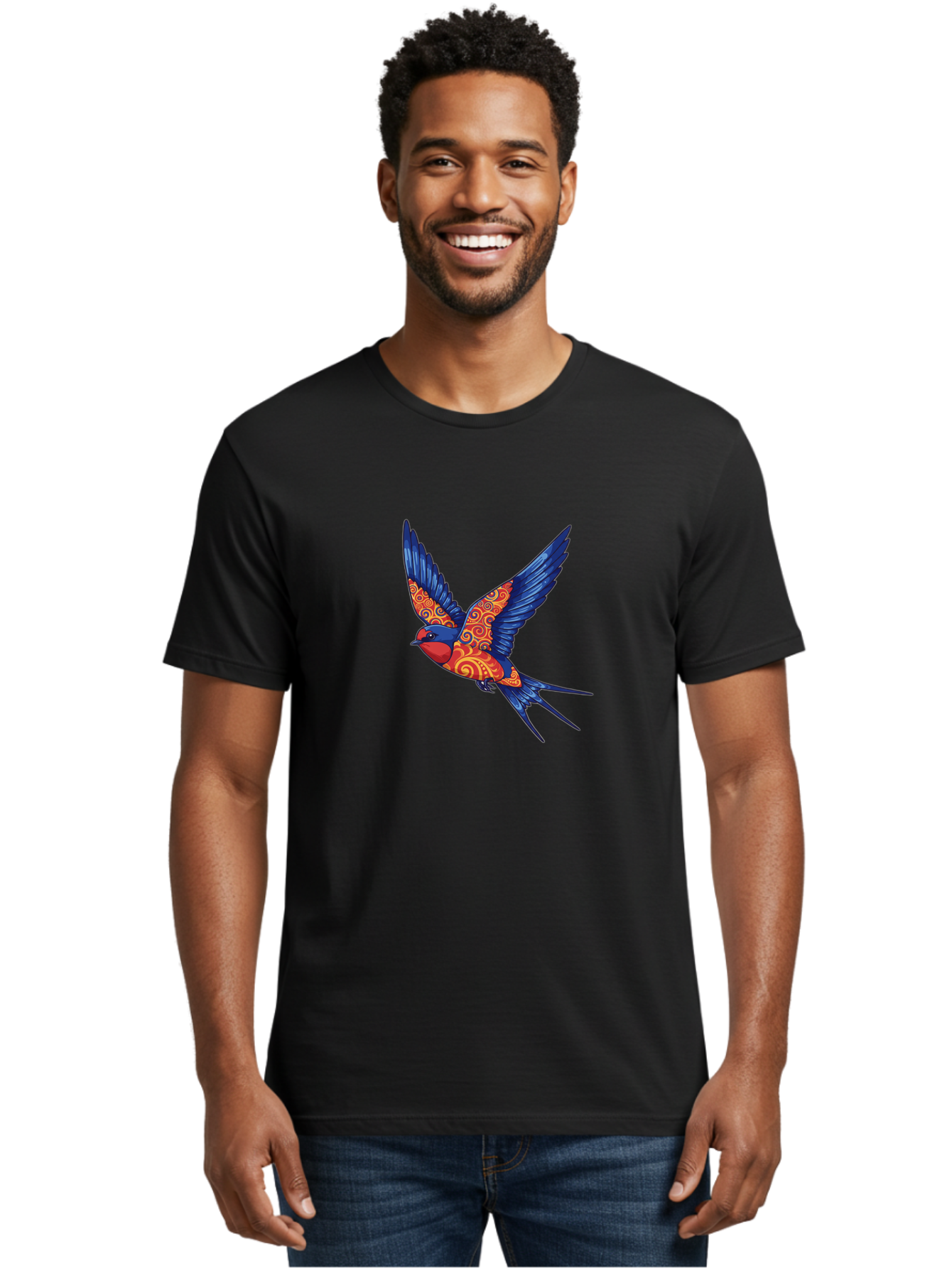 Swallow-2 Men'S Graphic Tee, 100% Cotton, Comfortable Casual Summer Wear, Machine Washable, Swallow Bird, Vibrant Bird Design, Red And Blue Bird, Ornate Patterns, Swirling Motifs, Bird In Flight, Colorful Artwork, Folk Art Style, Bae290 30
