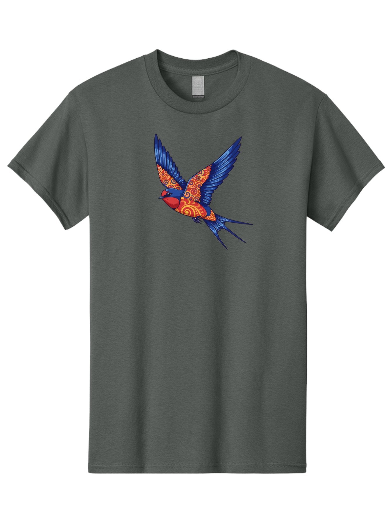 Swallow-2 Men'S Graphic Tee, 100% Cotton, Comfortable Casual Summer Wear, Machine Washable, Swallow Bird, Vibrant Bird Design, Red And Blue Bird, Ornate Patterns, Swirling Motifs, Bird In Flight, Colorful Artwork, Folk Art Style, Bae290 5