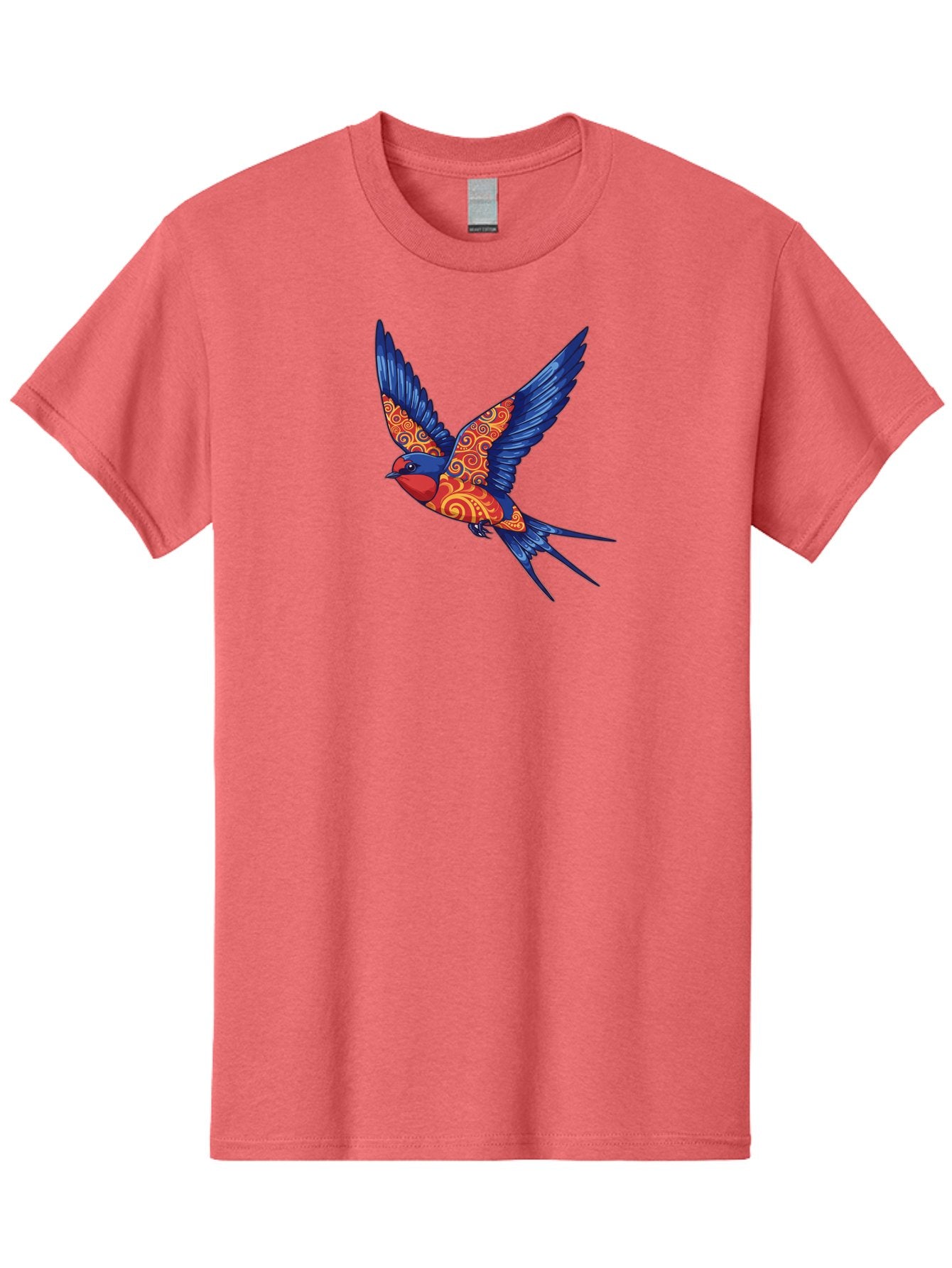 Swallow-2 Men'S Graphic Tee, 100% Cotton, Comfortable Casual Summer Wear, Machine Washable, Swallow Bird, Vibrant Bird Design, Red And Blue Bird, Ornate Patterns, Swirling Motifs, Bird In Flight, Colorful Artwork, Folk Art Style, Bae290 4