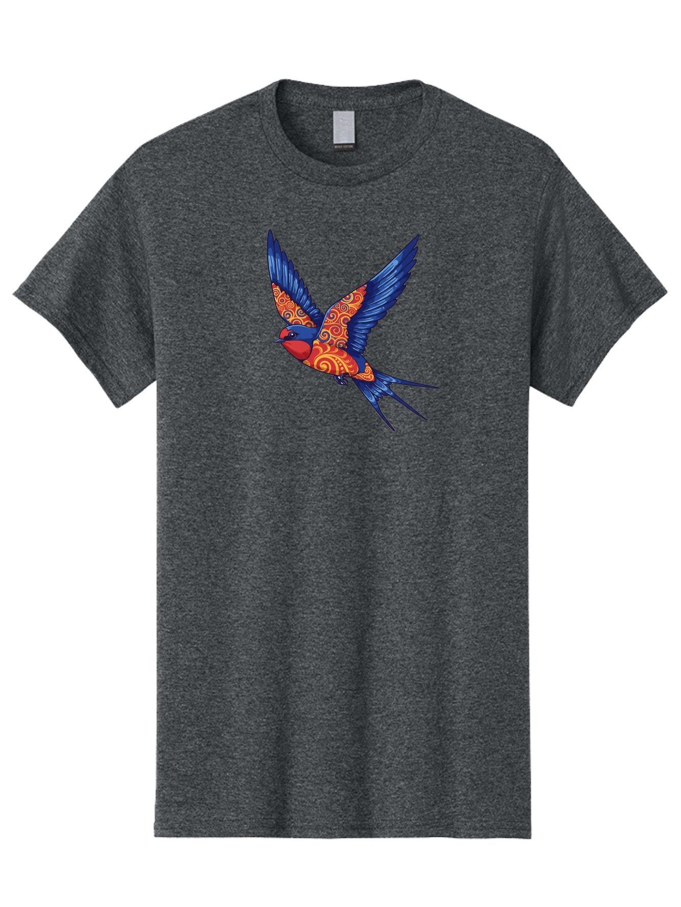 Swallow-2 Men'S Graphic Tee, 100% Cotton, Comfortable Casual Summer Wear, Machine Washable, Swallow Bird, Vibrant Bird Design, Red And Blue Bird, Ornate Patterns, Swirling Motifs, Bird In Flight, Colorful Artwork, Folk Art Style, Bae290 12