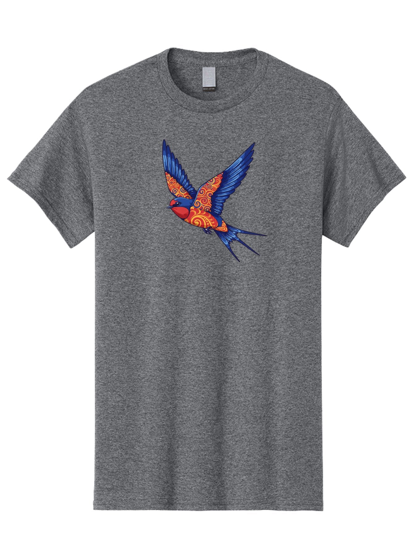 Swallow-2 Men'S Graphic Tee, 100% Cotton, Comfortable Casual Summer Wear, Machine Washable, Swallow Bird, Vibrant Bird Design, Red And Blue Bird, Ornate Patterns, Swirling Motifs, Bird In Flight, Colorful Artwork, Folk Art Style, Bae290