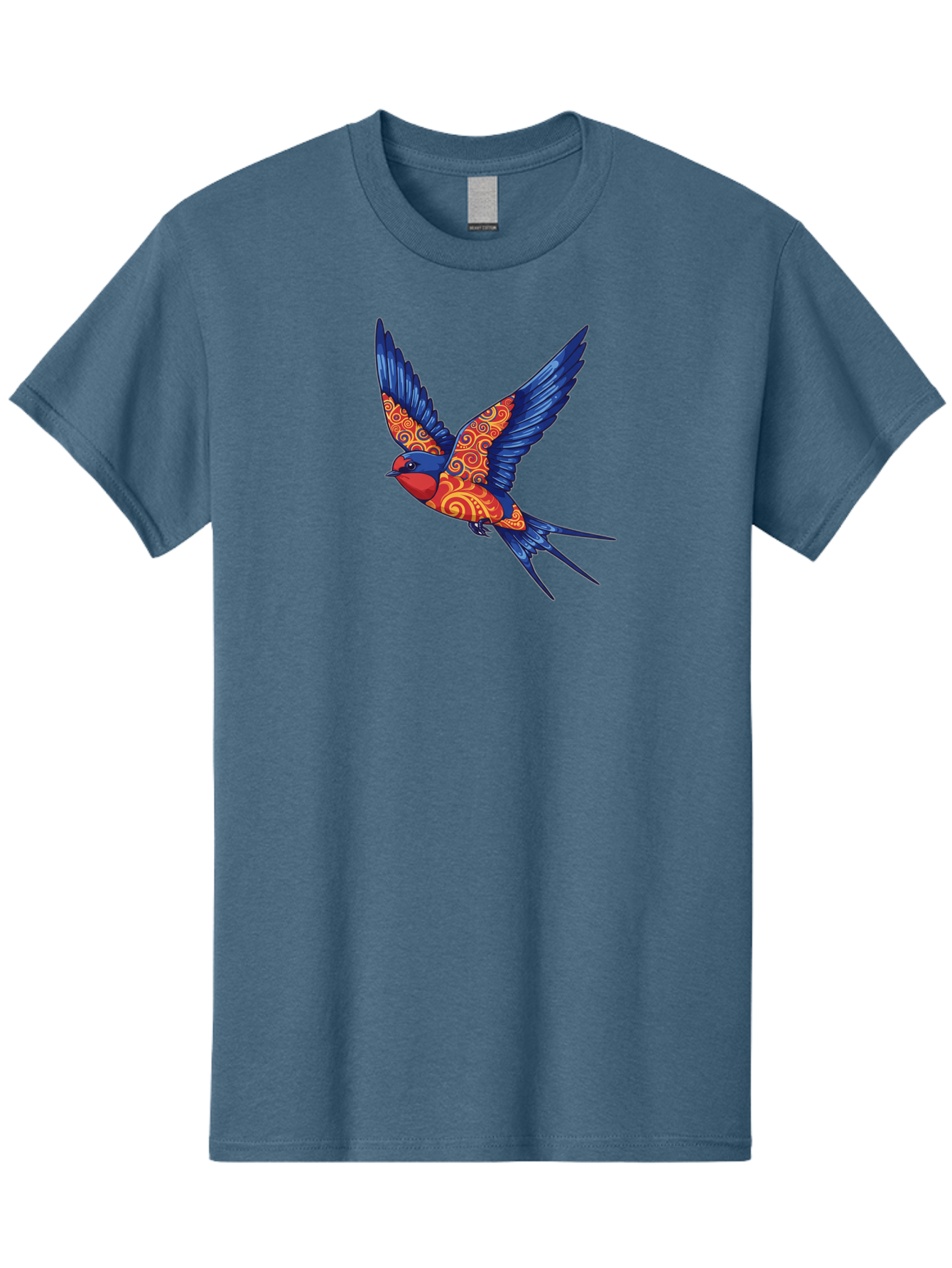 Swallow-2 Men'S Graphic Tee, 100% Cotton, Comfortable Casual Summer Wear, Machine Washable, Swallow Bird, Vibrant Bird Design, Red And Blue Bird, Ornate Patterns, Swirling Motifs, Bird In Flight, Colorful Artwork, Folk Art Style, Bae290 14