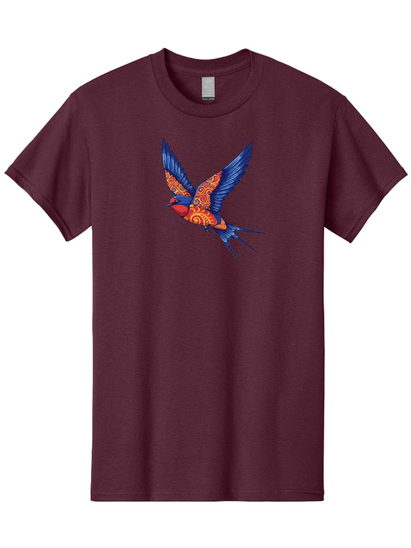 Swallow-2 Men'S Graphic Tee, 100% Cotton, Comfortable Casual Summer Wear, Machine Washable, Swallow Bird, Vibrant Bird Design, Red And Blue Bird, Ornate Patterns, Swirling Motifs, Bird In Flight, Colorful Artwork, Folk Art Style, Bae290 3