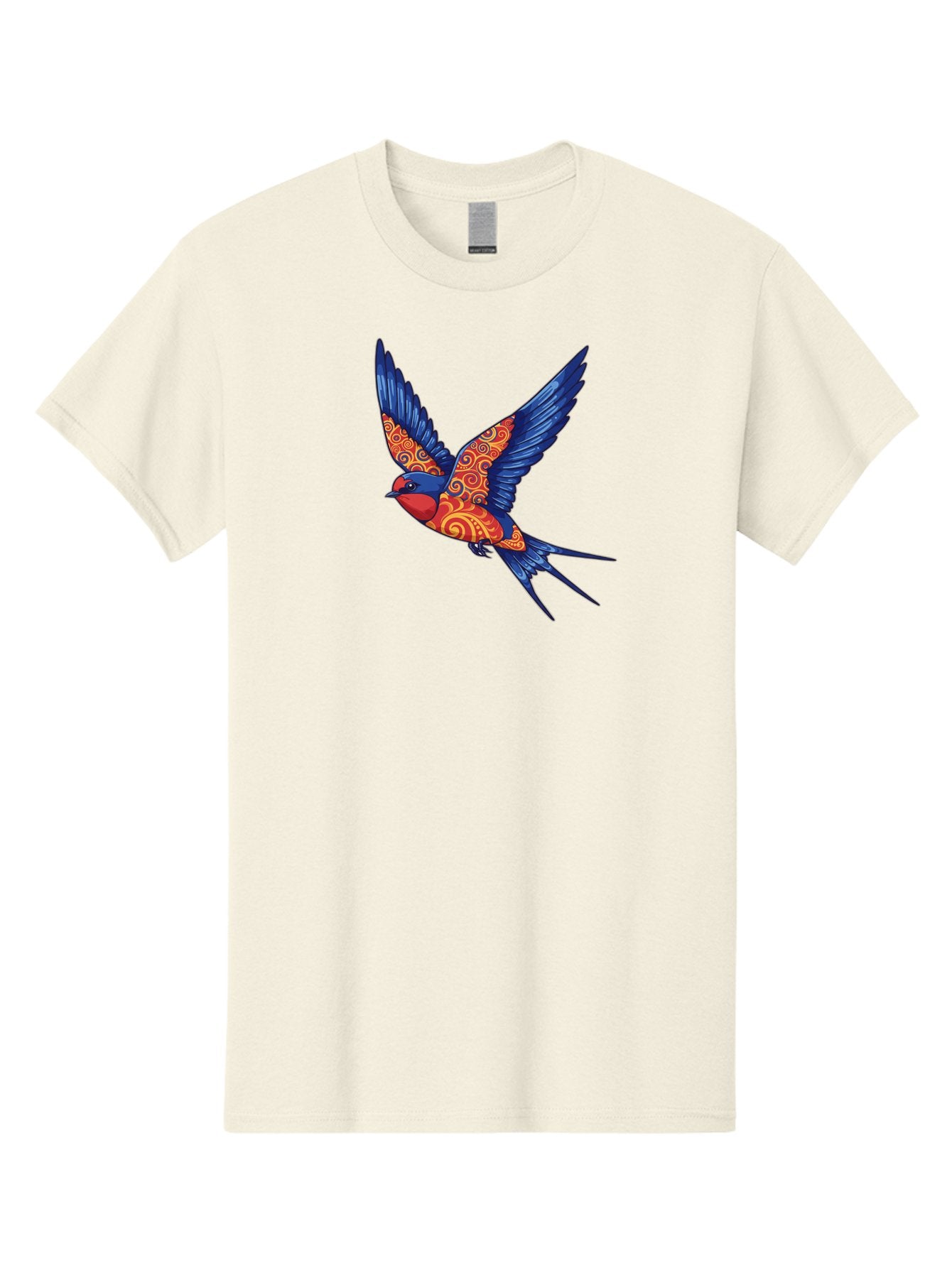 Swallow-2 Men'S Graphic Tee, 100% Cotton, Comfortable Casual Summer Wear, Machine Washable, Swallow Bird, Vibrant Bird Design, Red And Blue Bird, Ornate Patterns, Swirling Motifs, Bird In Flight, Colorful Artwork, Folk Art Style, Bae290 9
