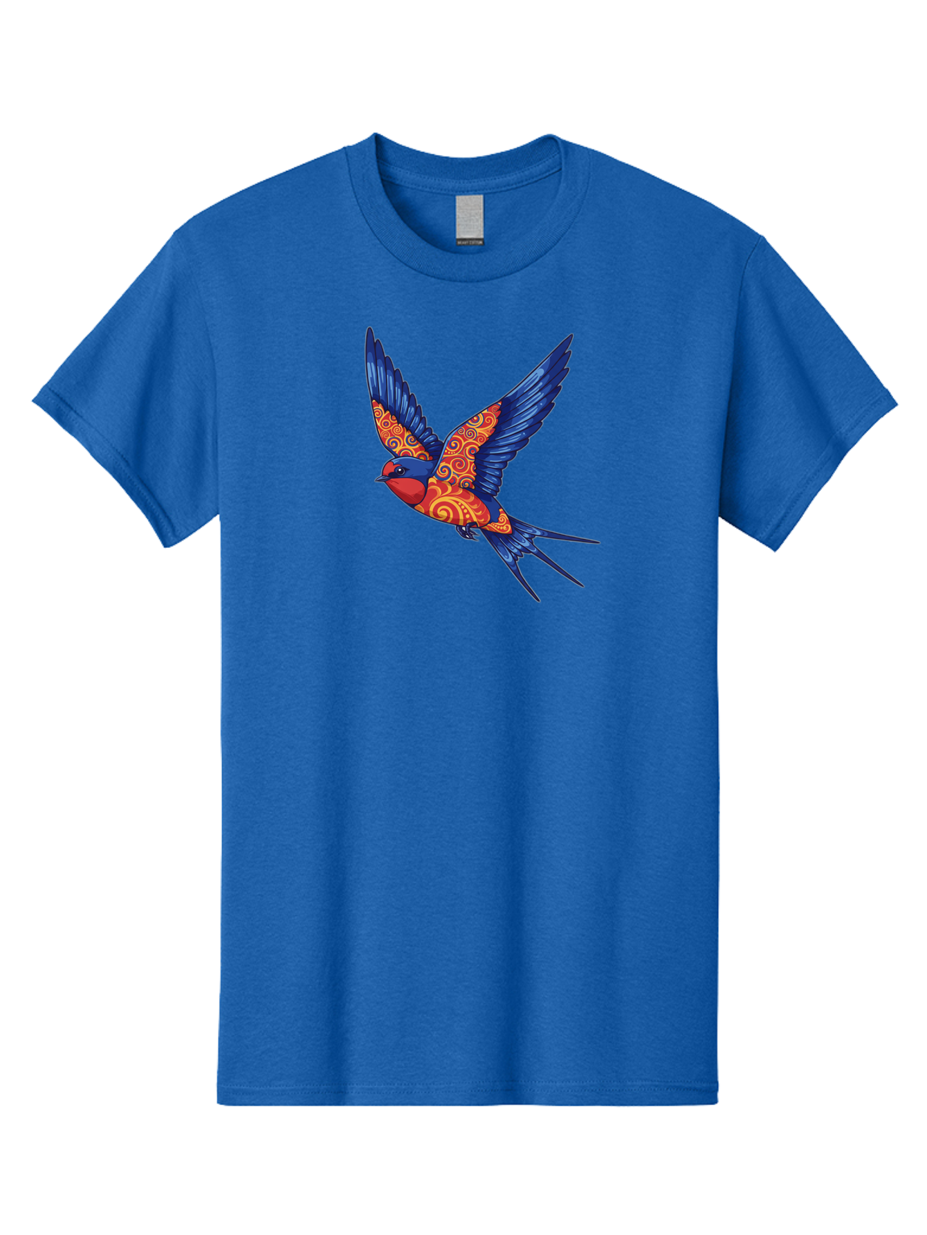 Swallow-2 Men'S Graphic Tee, 100% Cotton, Comfortable Casual Summer Wear, Machine Washable, Swallow Bird, Vibrant Bird Design, Red And Blue Bird, Ornate Patterns, Swirling Motifs, Bird In Flight, Colorful Artwork, Folk Art Style, Bae290