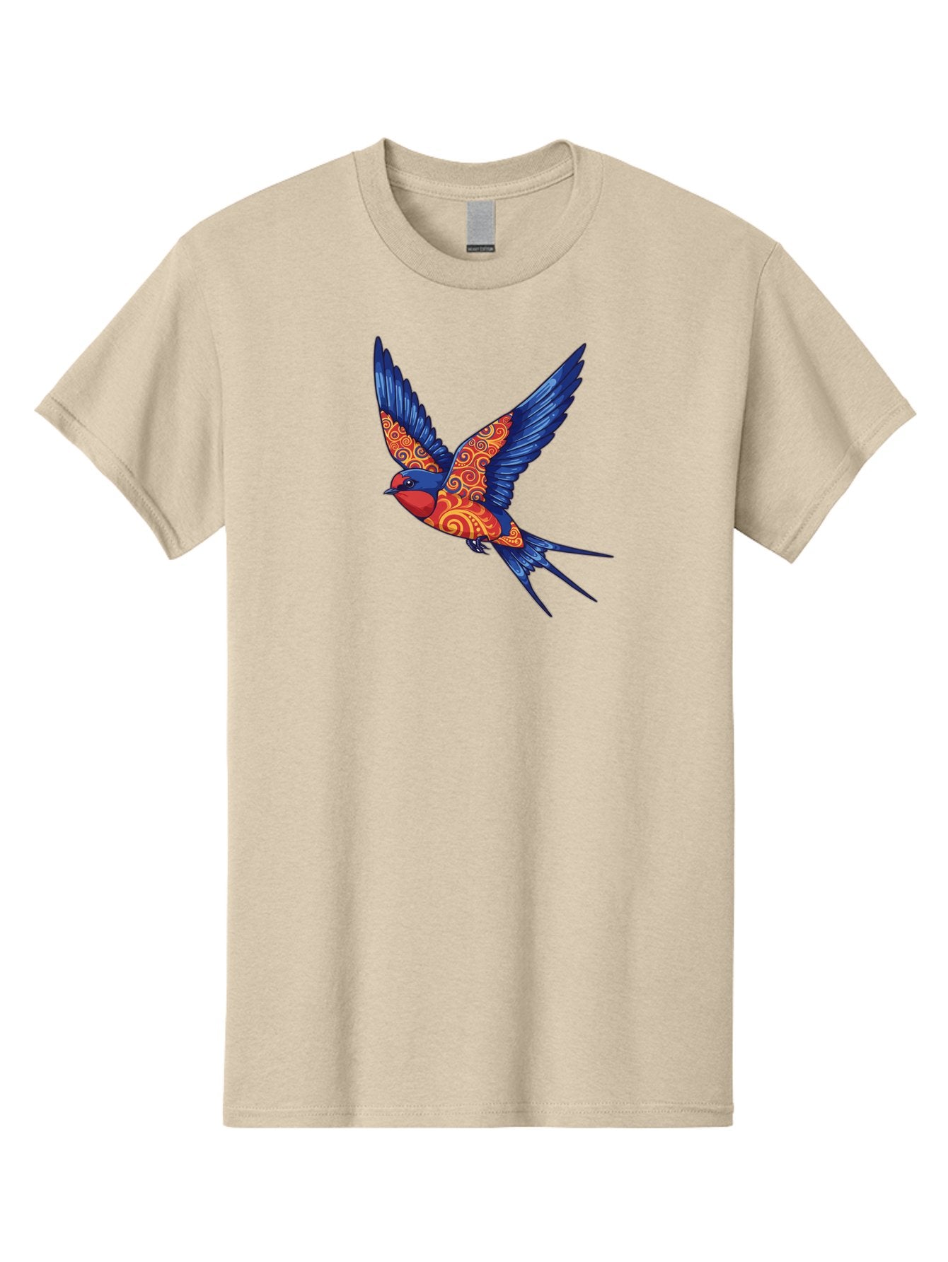 Swallow-2 Men'S Graphic Tee, 100% Cotton, Comfortable Casual Summer Wear, Machine Washable, Swallow Bird, Vibrant Bird Design, Red And Blue Bird, Ornate Patterns, Swirling Motifs, Bird In Flight, Colorful Artwork, Folk Art Style, Bae290 11