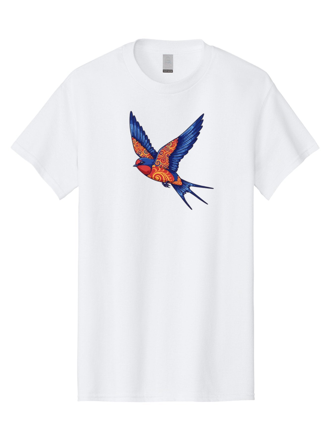 Swallow-2 Men'S Graphic Tee, 100% Cotton, Comfortable Casual Summer Wear, Machine Washable, Swallow Bird, Vibrant Bird Design, Red And Blue Bird, Ornate Patterns, Swirling Motifs, Bird In Flight, Colorful Artwork, Folk Art Style, Bae290 14