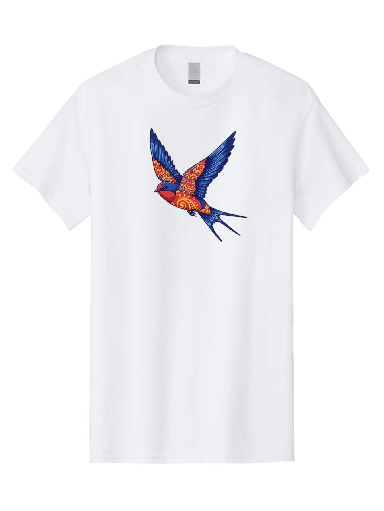 Swallow-2 Men'S Graphic Tee, 100% Cotton, Comfortable Casual Summer Wear, Machine Washable, Swallow Bird, Vibrant Bird Design, Red And Blue Bird, Ornate Patterns, Swirling Motifs, Bird In Flight, Colorful Artwork, Folk Art Style, Bae290