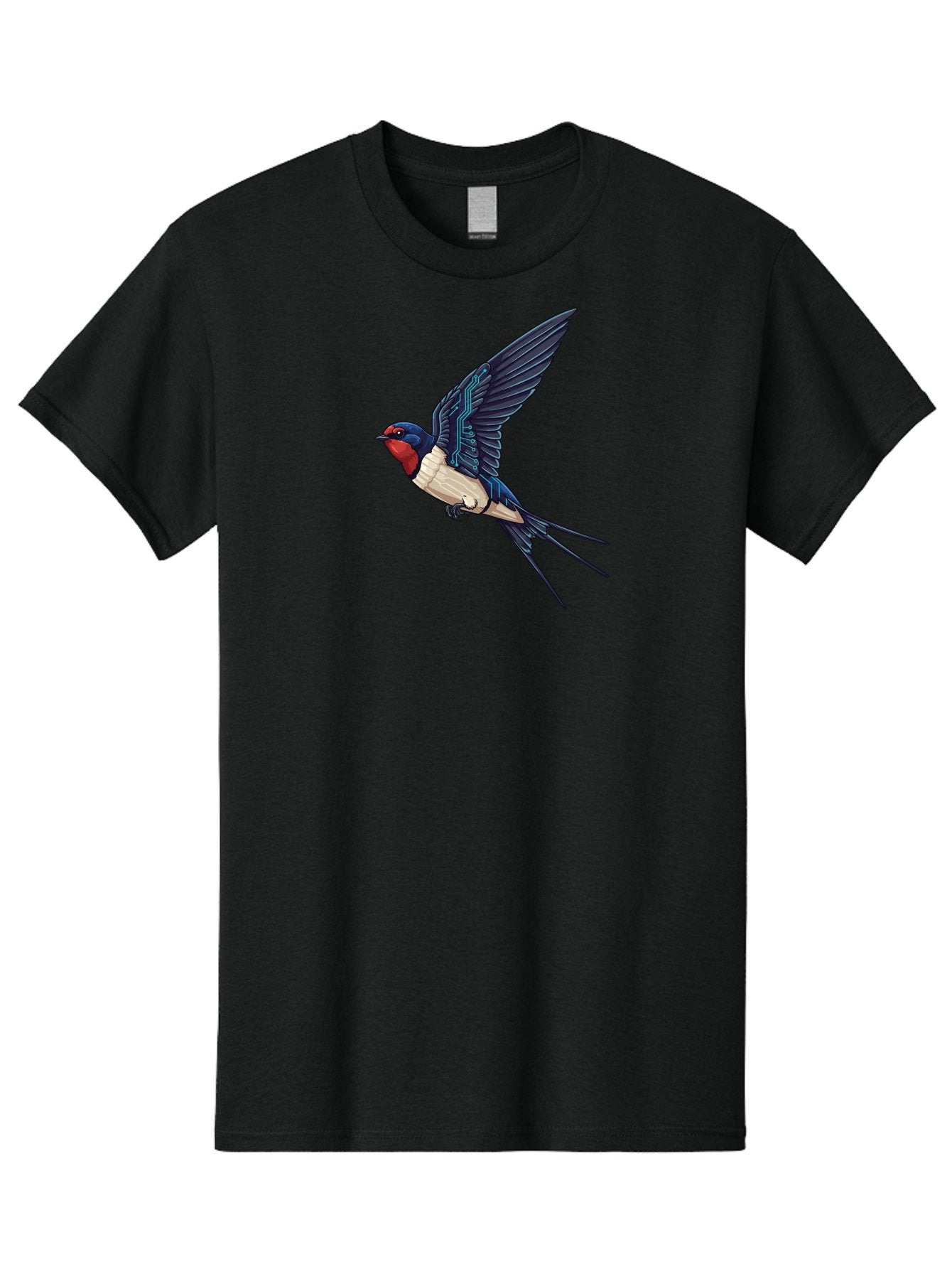 Swallow-3 Men'S Graphic Tee, 100% Cotton, Comfortable Casual Summer Wear, Machine Washable, Barn Swallow In Flight, Blue And White Plumage, Red Face, Sleek Design, Futuristic Elements, Circuit Board Wings, Wildlife Art, Stylized Bird, Bae291