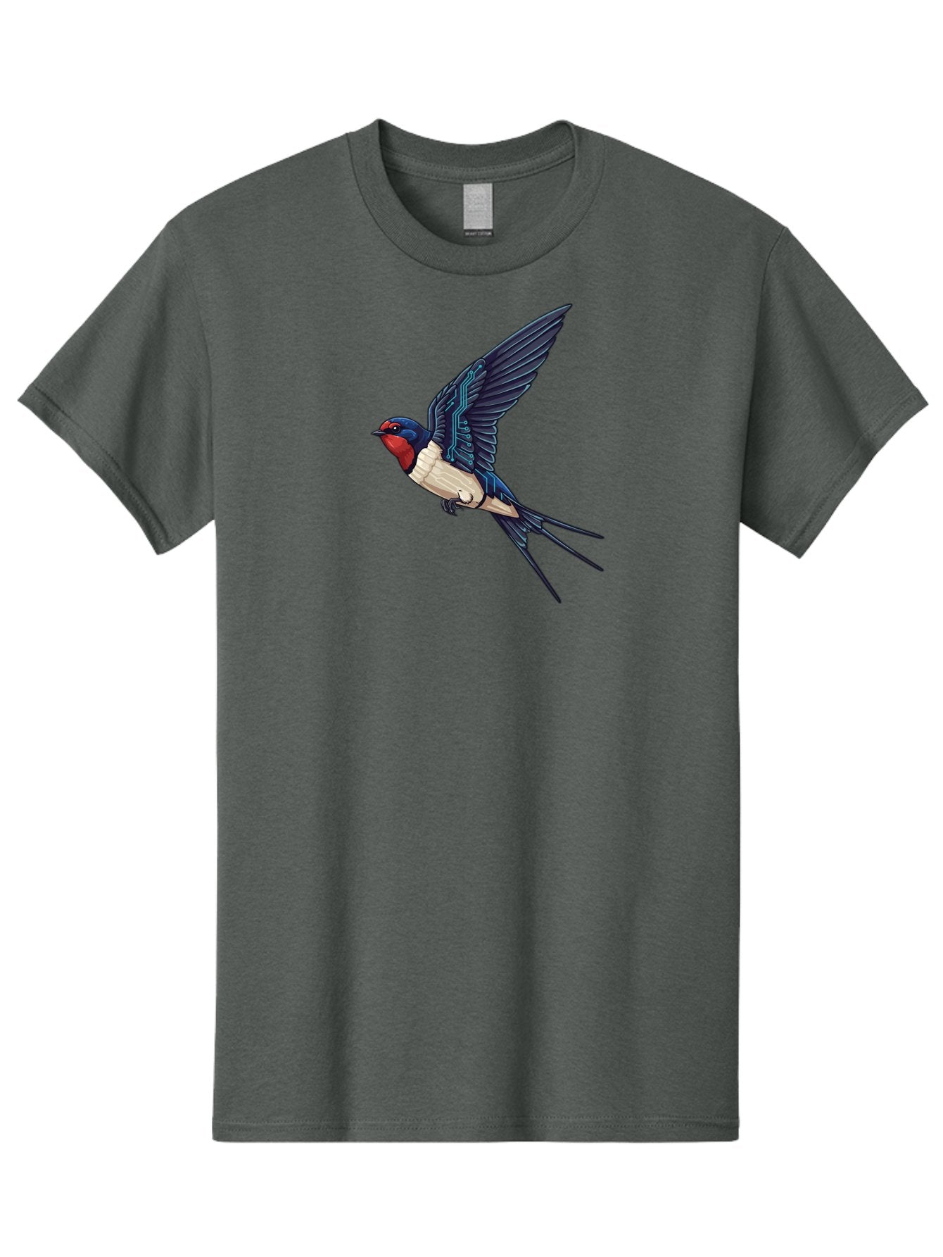 Swallow-3 Men'S Graphic Tee, 100% Cotton, Comfortable Casual Summer Wear, Machine Washable, Barn Swallow In Flight, Blue And White Plumage, Red Face, Sleek Design, Futuristic Elements, Circuit Board Wings, Wildlife Art, Stylized Bird, Bae291 8