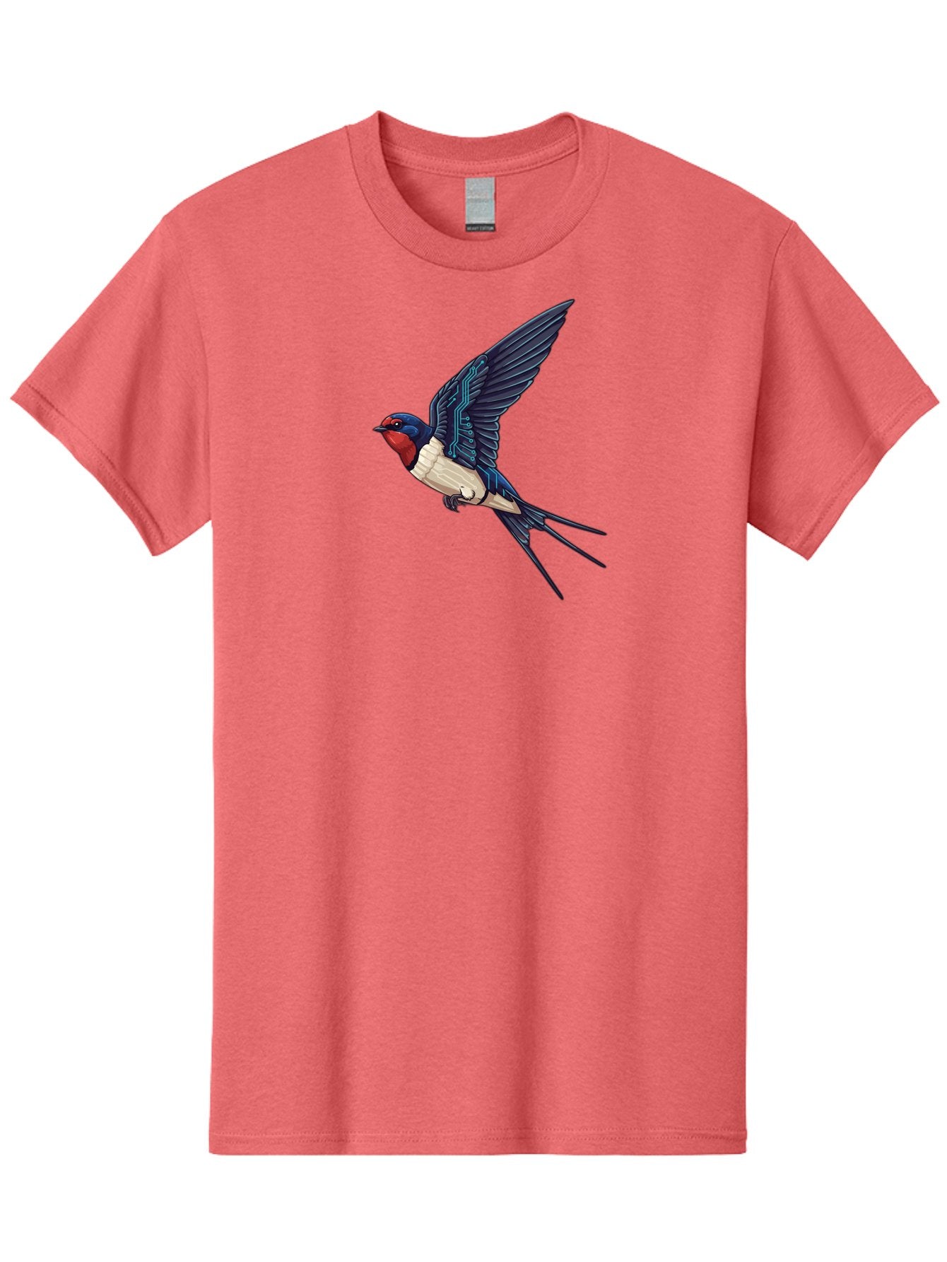 Swallow-3 Men'S Graphic Tee, 100% Cotton, Comfortable Casual Summer Wear, Machine Washable, Barn Swallow In Flight, Blue And White Plumage, Red Face, Sleek Design, Futuristic Elements, Circuit Board Wings, Wildlife Art, Stylized Bird, Bae291 5