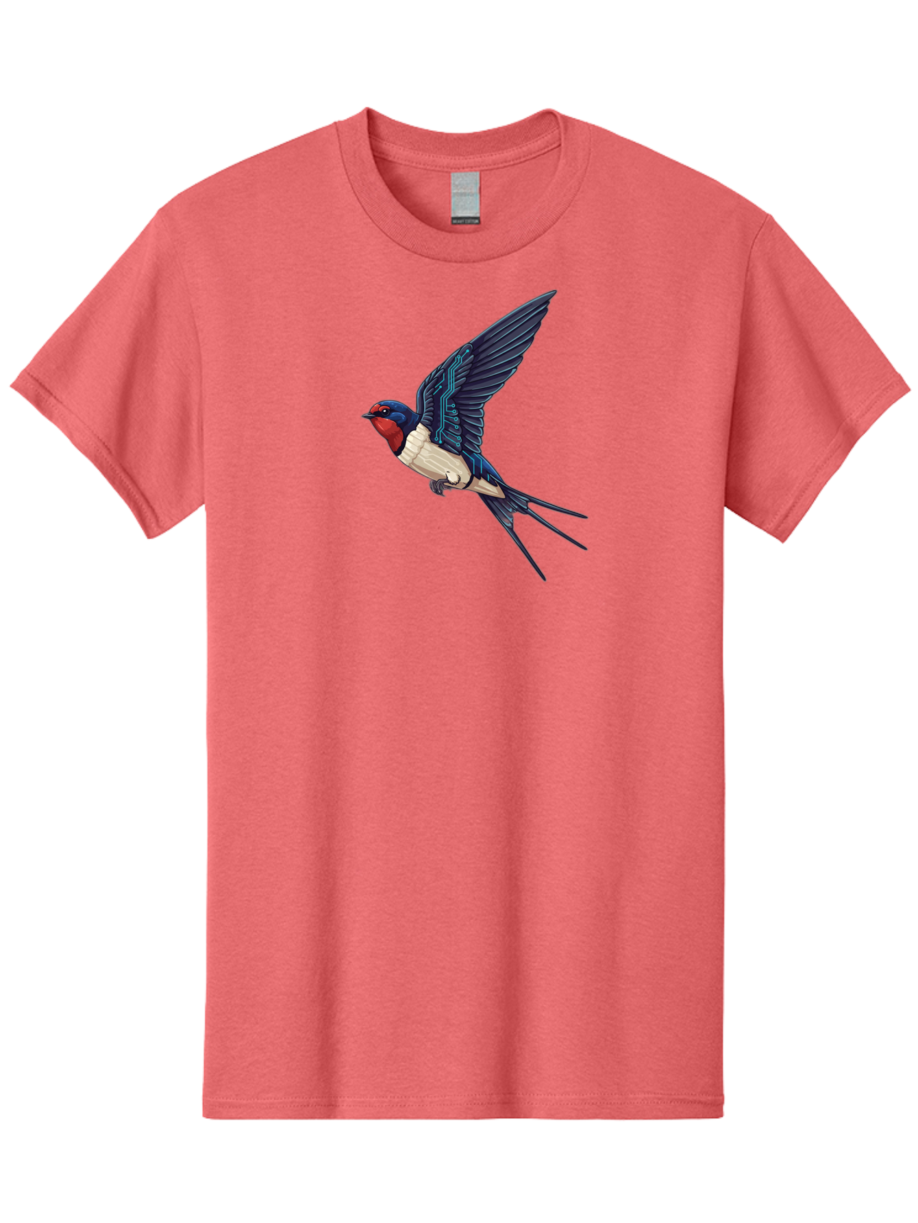 Swallow-3 Men'S Graphic Tee, 100% Cotton, Comfortable Casual Summer Wear, Machine Washable, Barn Swallow In Flight, Blue And White Plumage, Red Face, Sleek Design, Futuristic Elements, Circuit Board Wings, Wildlife Art, Stylized Bird, Bae291 8