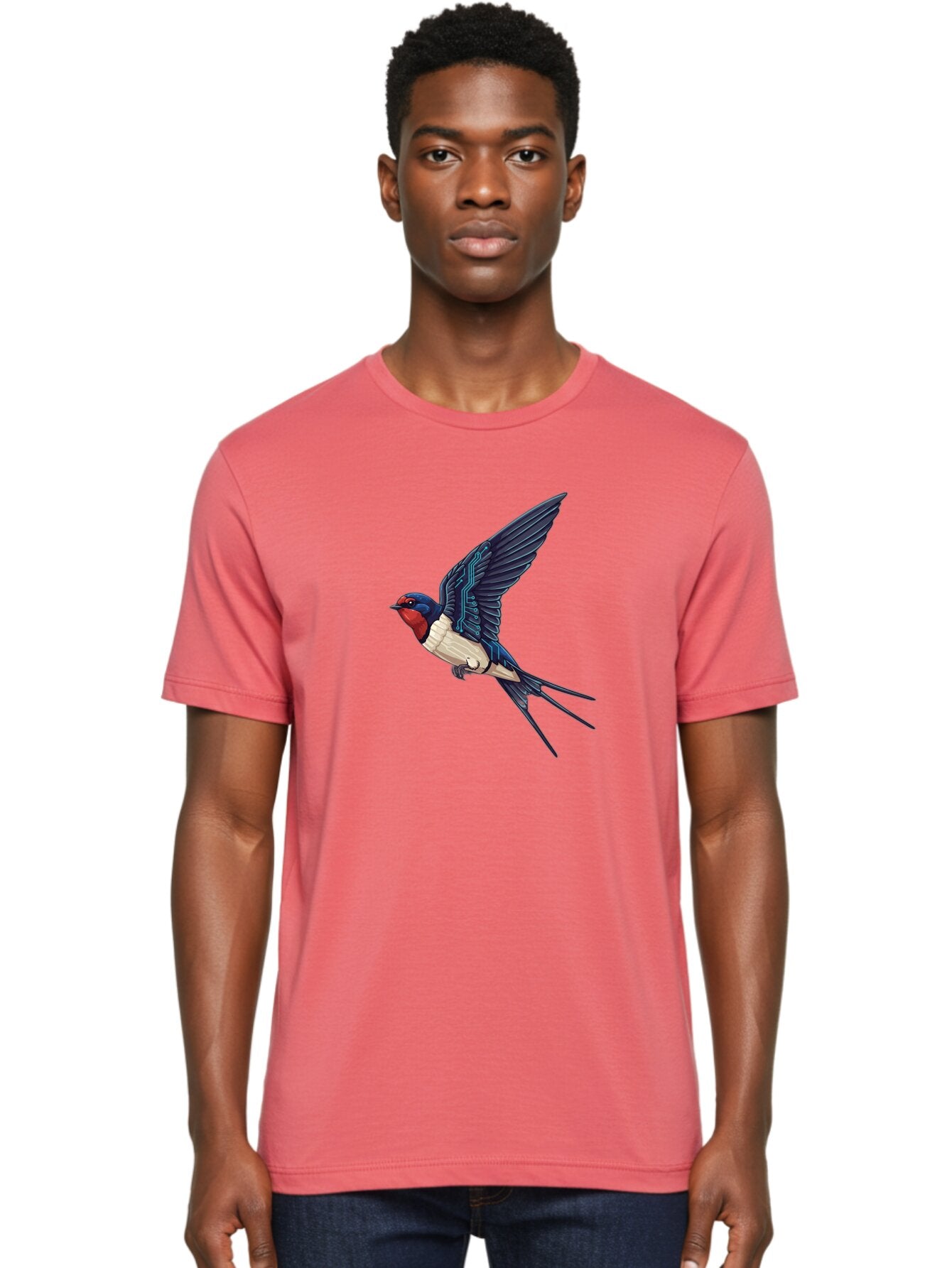 Swallow-3 Men'S Graphic Tee, 100% Cotton, Comfortable Casual Summer Wear, Machine Washable, Barn Swallow In Flight, Blue And White Plumage, Red Face, Sleek Design, Futuristic Elements, Circuit Board Wings, Wildlife Art, Stylized Bird, Bae291 23
