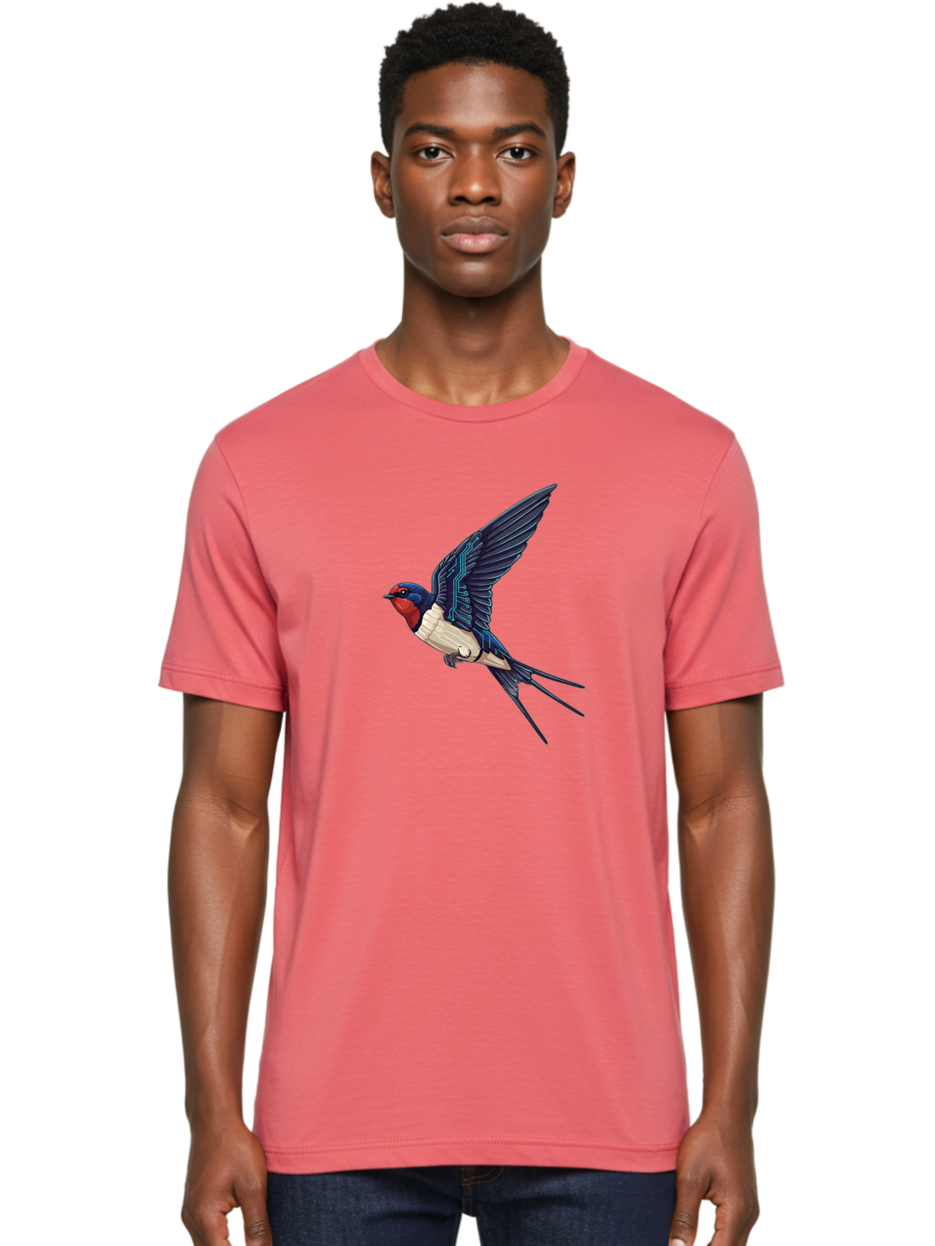 Swallow-3 Men'S Graphic Tee, 100% Cotton, Comfortable Casual Summer Wear, Machine Washable, Barn Swallow In Flight, Blue And White Plumage, Red Face, Sleek Design, Futuristic Elements, Circuit Board Wings, Wildlife Art, Stylized Bird, Bae291 23