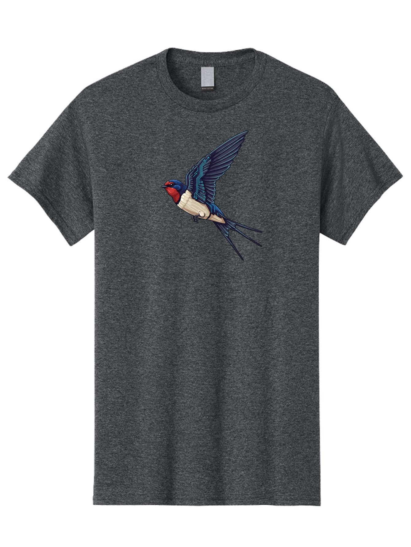 Swallow-3 Men'S Graphic Tee, 100% Cotton, Comfortable Casual Summer Wear, Machine Washable, Barn Swallow In Flight, Blue And White Plumage, Red Face, Sleek Design, Futuristic Elements, Circuit Board Wings, Wildlife Art, Stylized Bird, Bae291 15