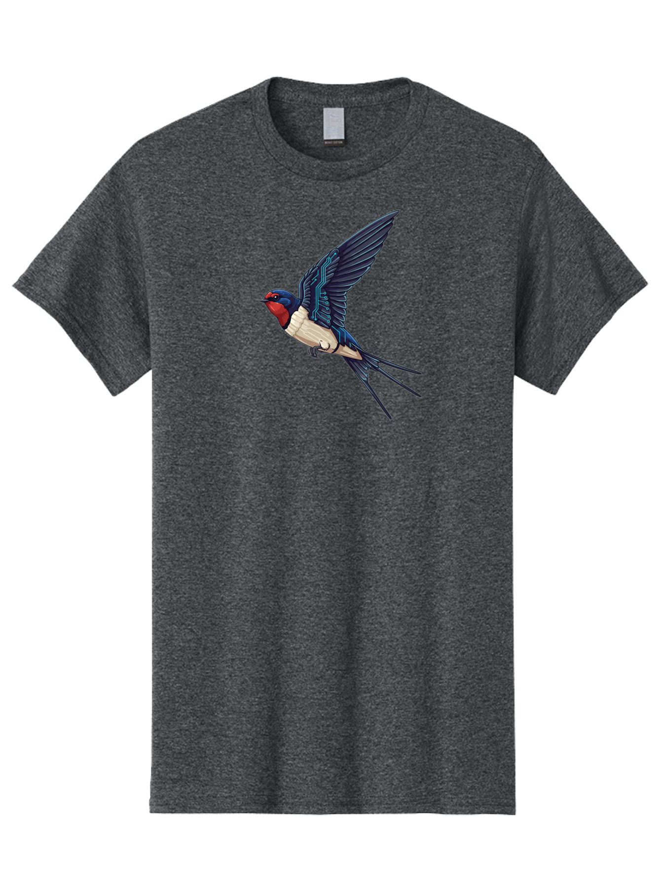Swallow-3 Men'S Graphic Tee, 100% Cotton, Comfortable Casual Summer Wear, Machine Washable, Barn Swallow In Flight, Blue And White Plumage, Red Face, Sleek Design, Futuristic Elements, Circuit Board Wings, Wildlife Art, Stylized Bird, Bae291
