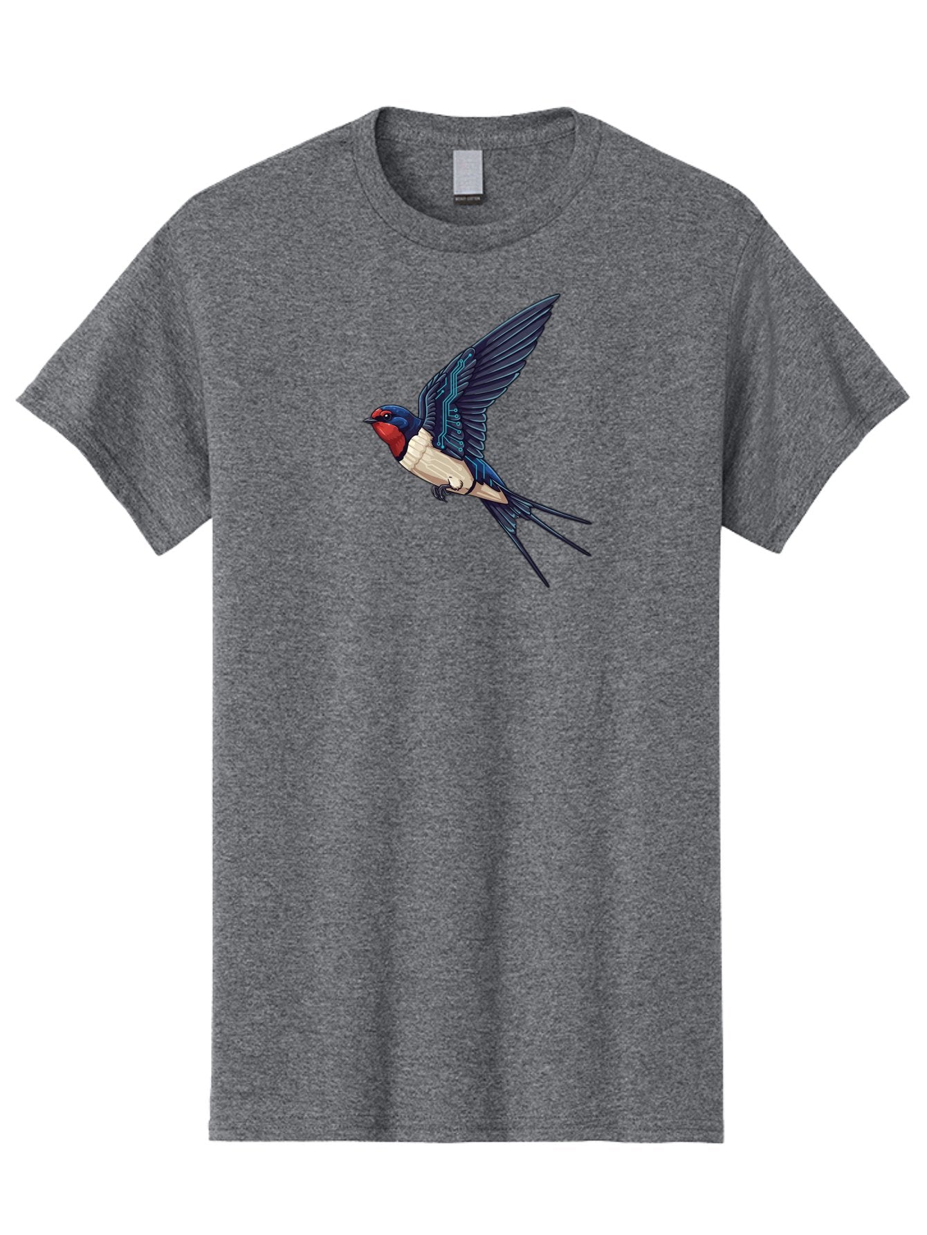 Swallow-3 Men'S Graphic Tee, 100% Cotton, Comfortable Casual Summer Wear, Machine Washable, Barn Swallow In Flight, Blue And White Plumage, Red Face, Sleek Design, Futuristic Elements, Circuit Board Wings, Wildlife Art, Stylized Bird, Bae291 9