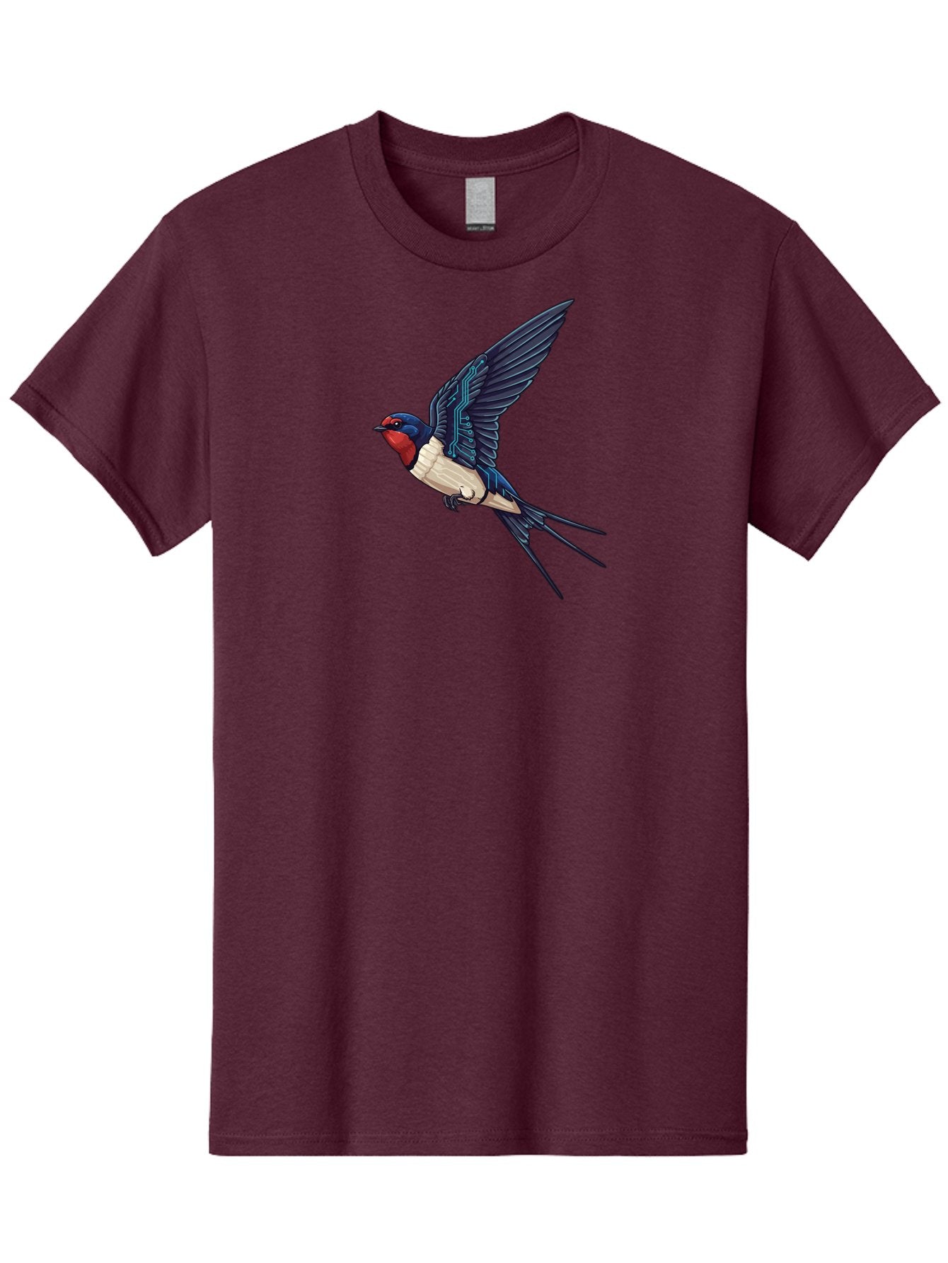 Swallow-3 Men'S Graphic Tee, 100% Cotton, Comfortable Casual Summer Wear, Machine Washable, Barn Swallow In Flight, Blue And White Plumage, Red Face, Sleek Design, Futuristic Elements, Circuit Board Wings, Wildlife Art, Stylized Bird, Bae291 3