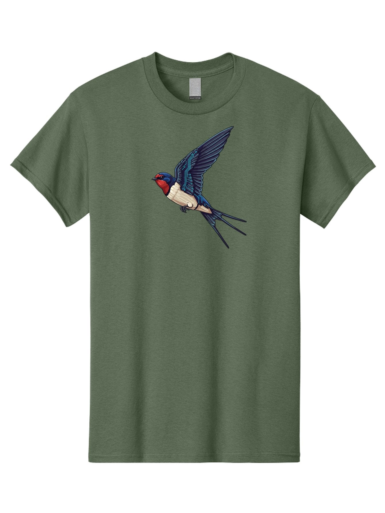 Swallow-3 Men'S Graphic Tee, 100% Cotton, Comfortable Casual Summer Wear, Machine Washable, Barn Swallow In Flight, Blue And White Plumage, Red Face, Sleek Design, Futuristic Elements, Circuit Board Wings, Wildlife Art, Stylized Bird, Bae291 7