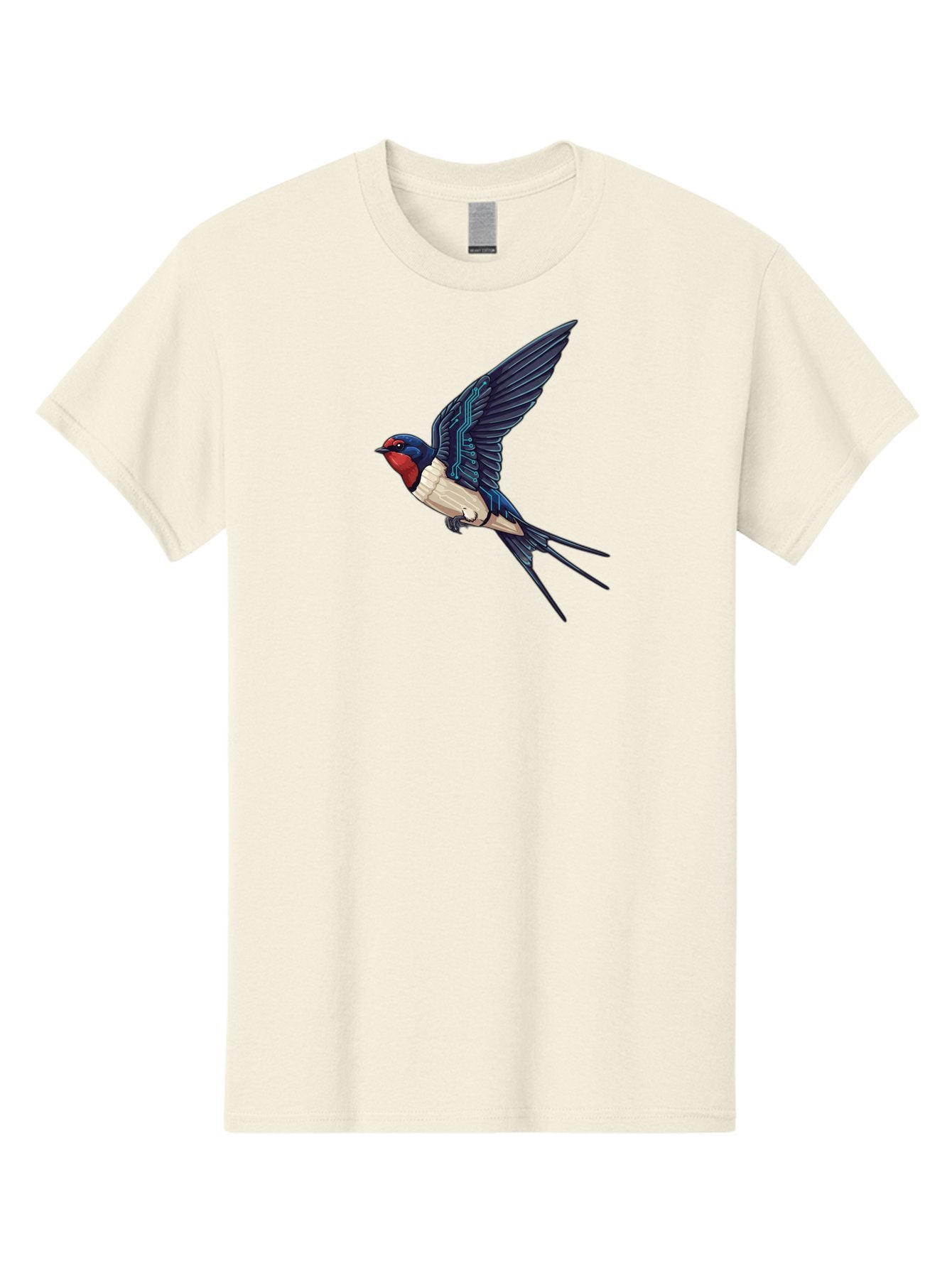 Swallow-3 Men'S Graphic Tee, 100% Cotton, Comfortable Casual Summer Wear, Machine Washable, Barn Swallow In Flight, Blue And White Plumage, Red Face, Sleek Design, Futuristic Elements, Circuit Board Wings, Wildlife Art, Stylized Bird, Bae291 4