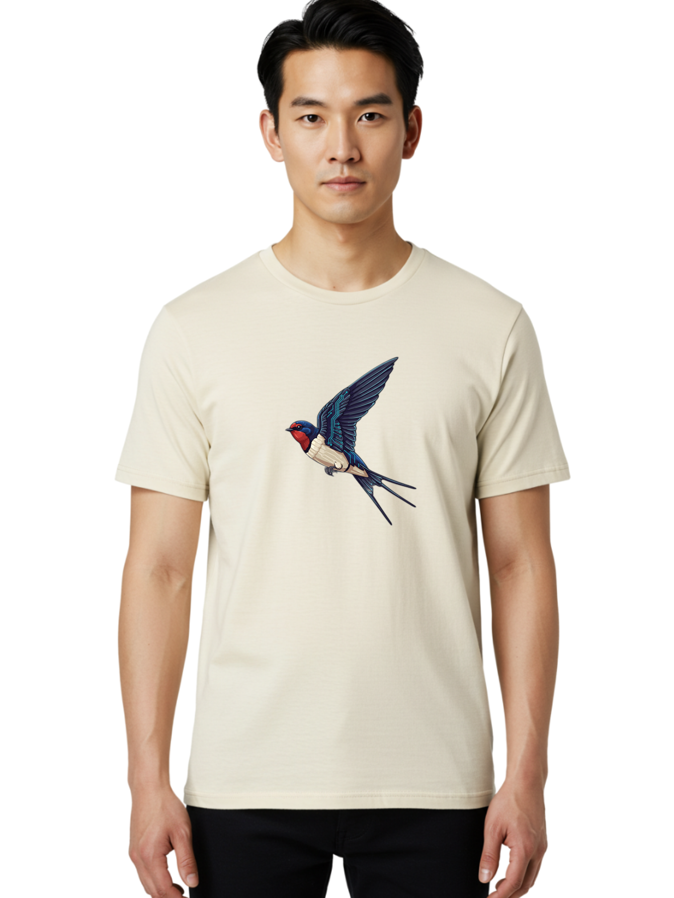 Swallow-3 Men'S Graphic Tee, 100% Cotton, Comfortable Casual Summer Wear, Machine Washable, Barn Swallow In Flight, Blue And White Plumage, Red Face, Sleek Design, Futuristic Elements, Circuit Board Wings, Wildlife Art, Stylized Bird, Bae291 27