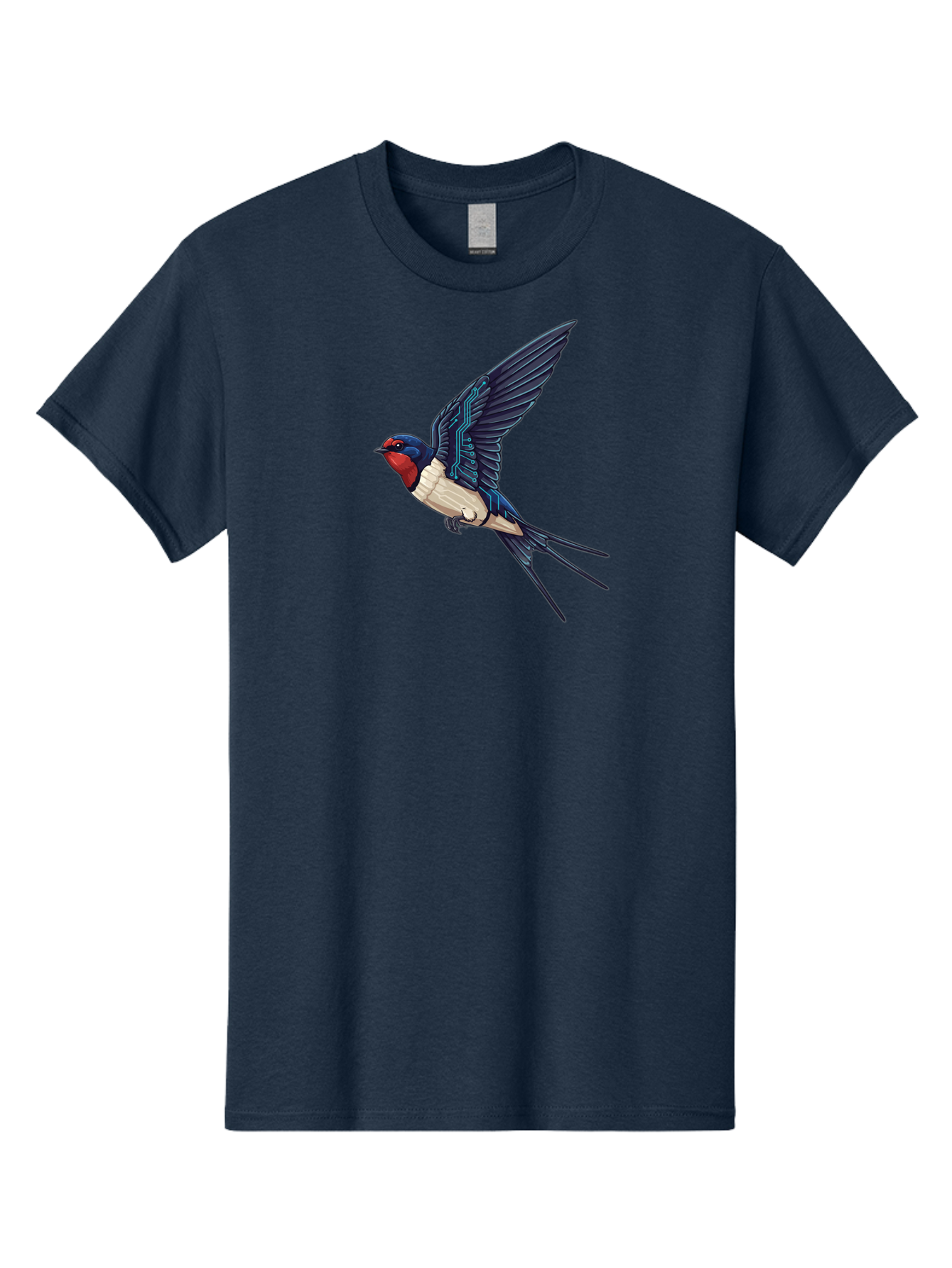 Swallow-3 Men'S Graphic Tee, 100% Cotton, Comfortable Casual Summer Wear, Machine Washable, Barn Swallow In Flight, Blue And White Plumage, Red Face, Sleek Design, Futuristic Elements, Circuit Board Wings, Wildlife Art, Stylized Bird, Bae291