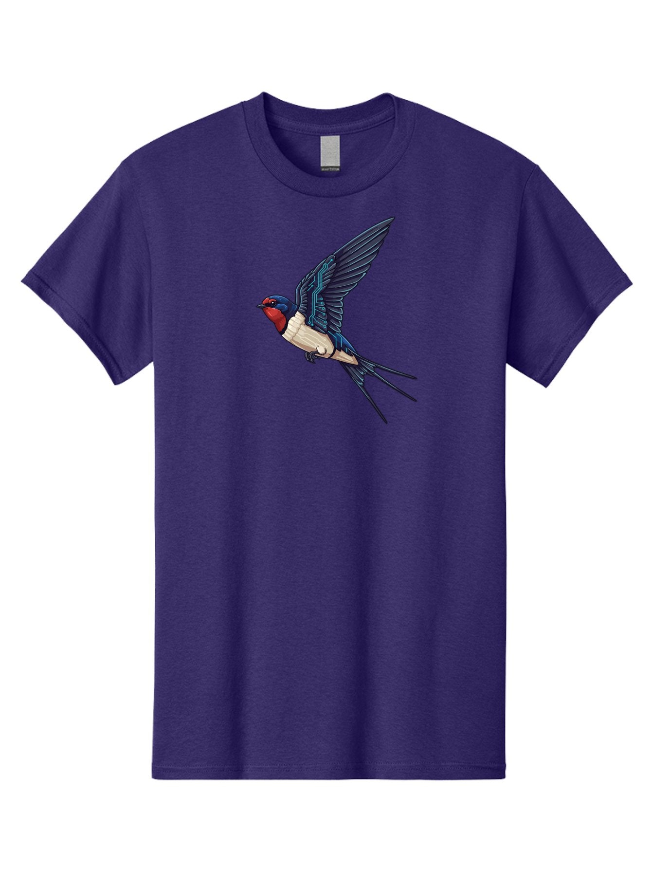 Swallow-3 Men'S Graphic Tee, 100% Cotton, Comfortable Casual Summer Wear, Machine Washable, Barn Swallow In Flight, Blue And White Plumage, Red Face, Sleek Design, Futuristic Elements, Circuit Board Wings, Wildlife Art, Stylized Bird, Bae291 12