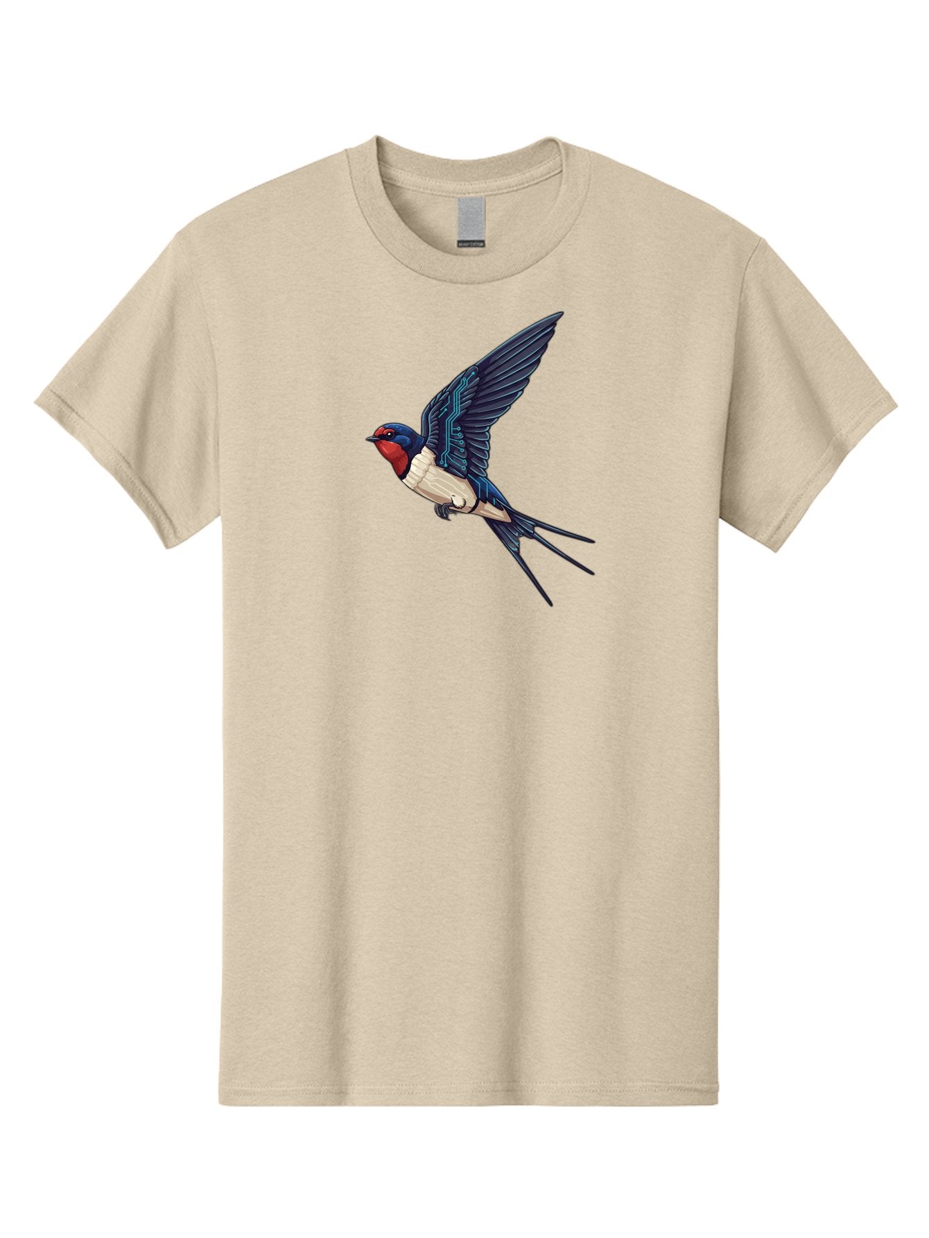 Swallow-3 Men'S Graphic Tee, 100% Cotton, Comfortable Casual Summer Wear, Machine Washable, Barn Swallow In Flight, Blue And White Plumage, Red Face, Sleek Design, Futuristic Elements, Circuit Board Wings, Wildlife Art, Stylized Bird, Bae291 13